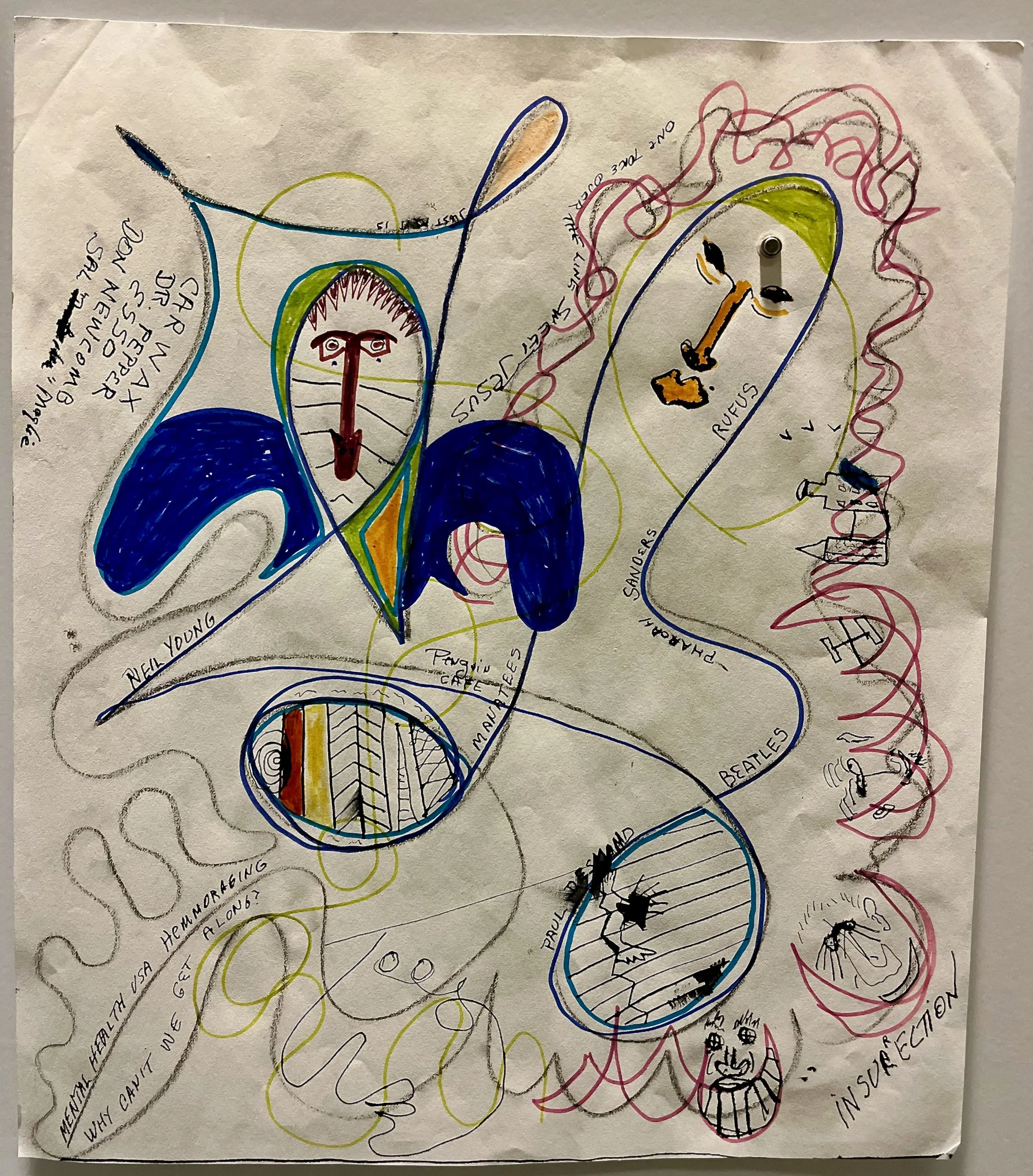 "Blue Wing" 2020, pen and markers on paper, 16.5" x 14"