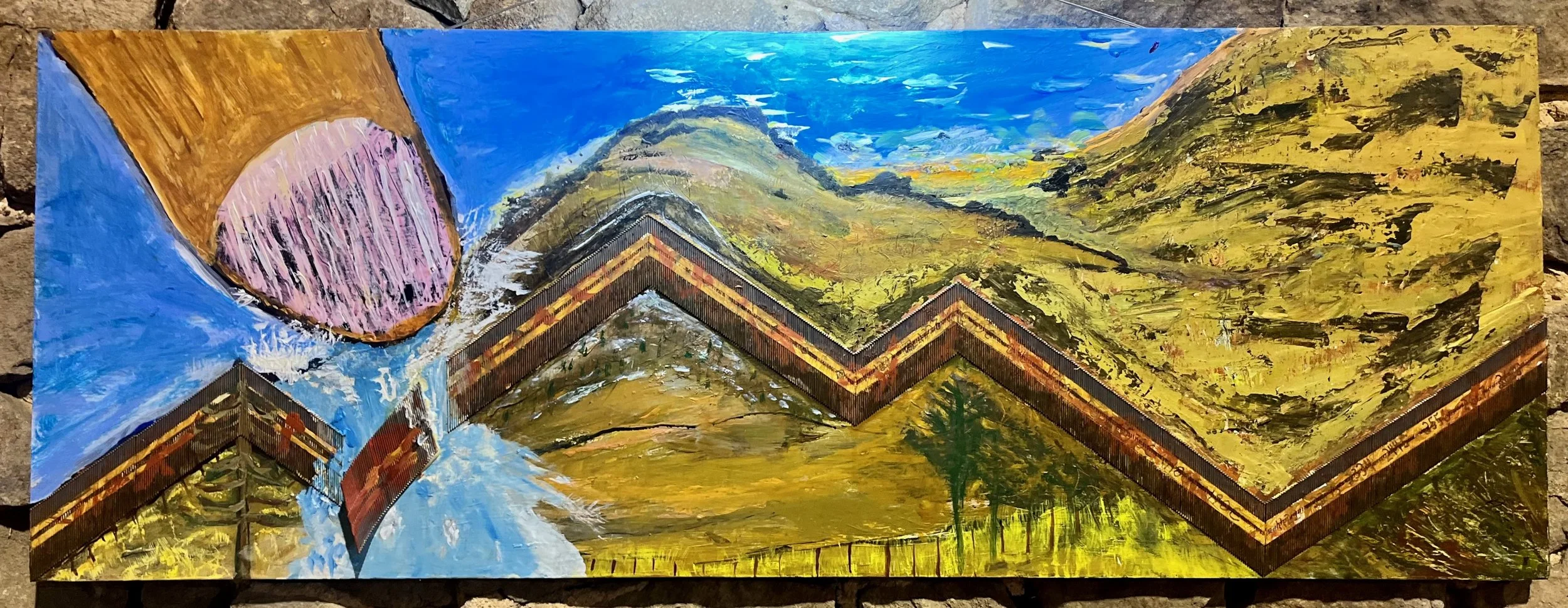 "Wall" 2023, acrylic and nails on wood, 19" x 52"