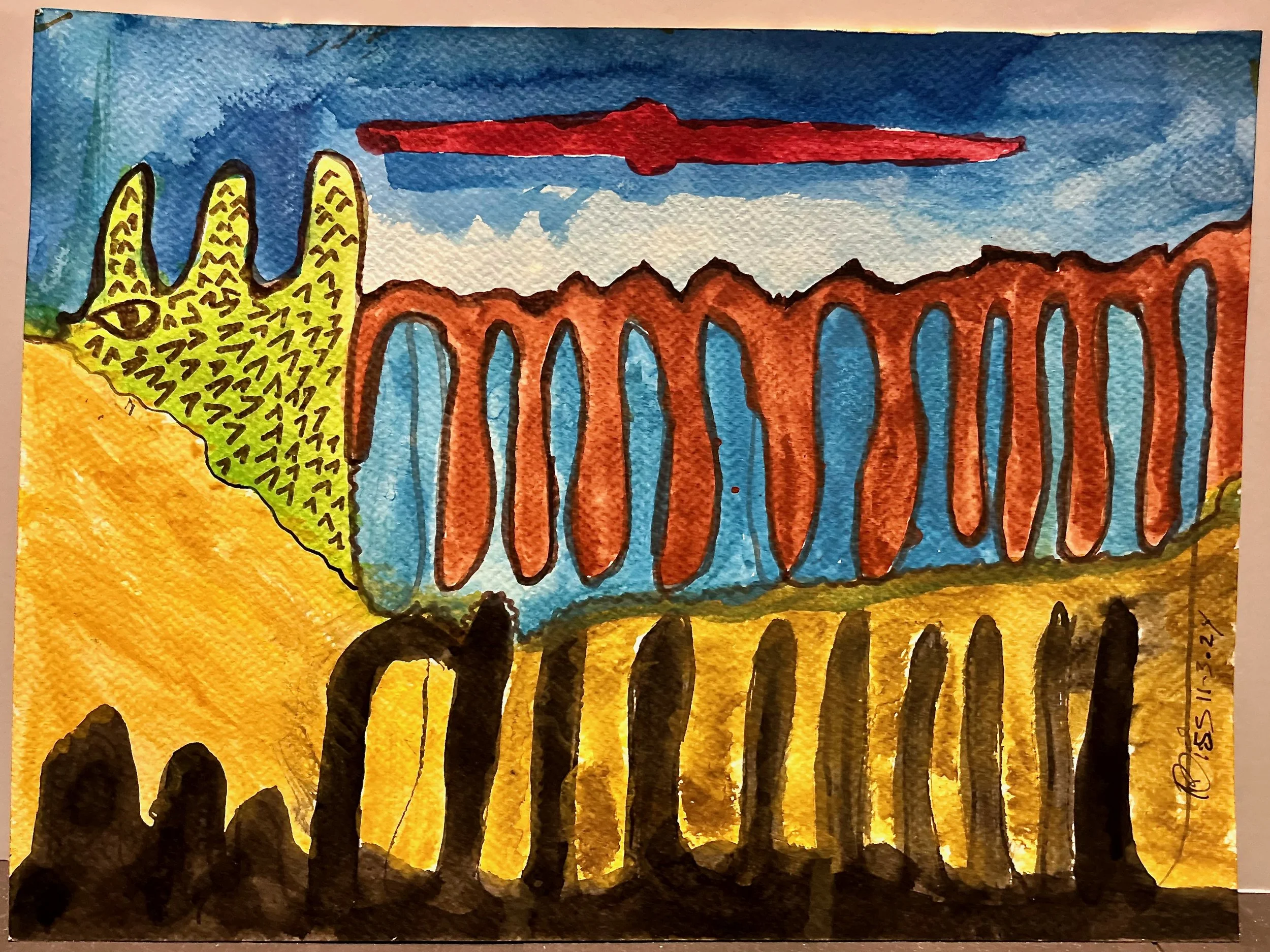 "Bug" 2024, ink and watercolor on paper, 9" x 12"