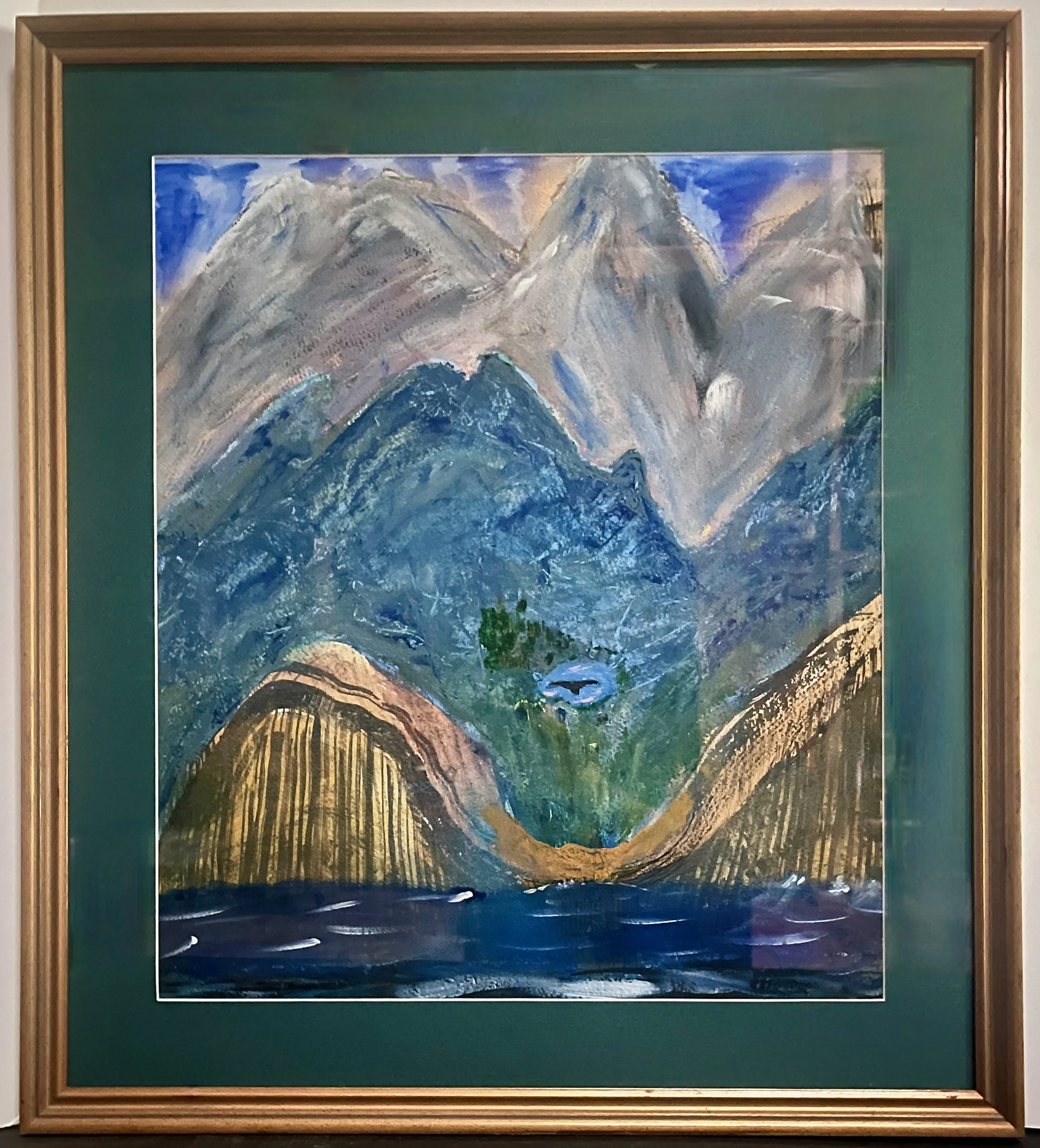 "Sea Meets Mountain" 2023, acrylic on paper, 28.75" x 25.75" with frame