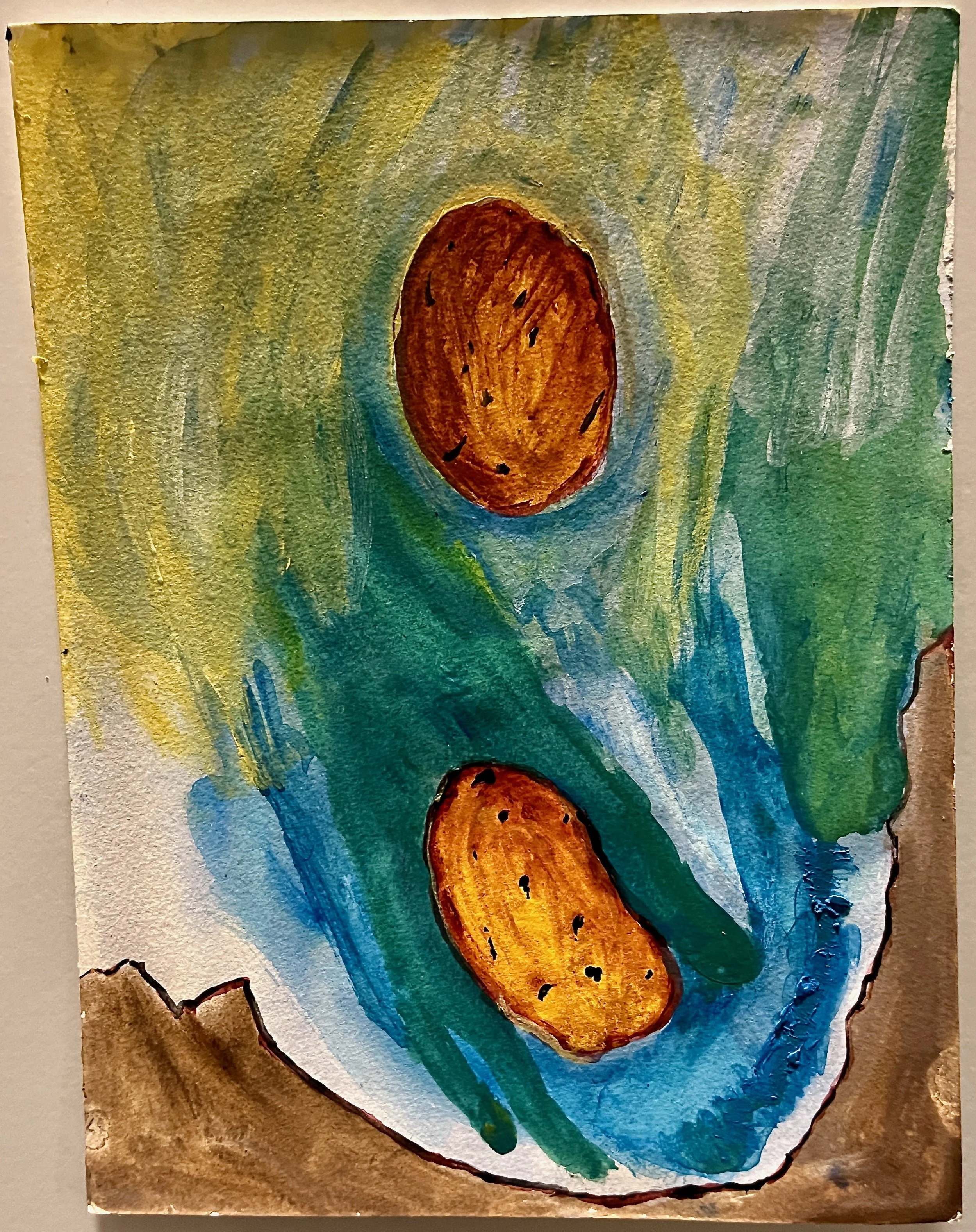 "Hand with Potatoes" 2023, watercolor and ink on paper, 12" x 9"