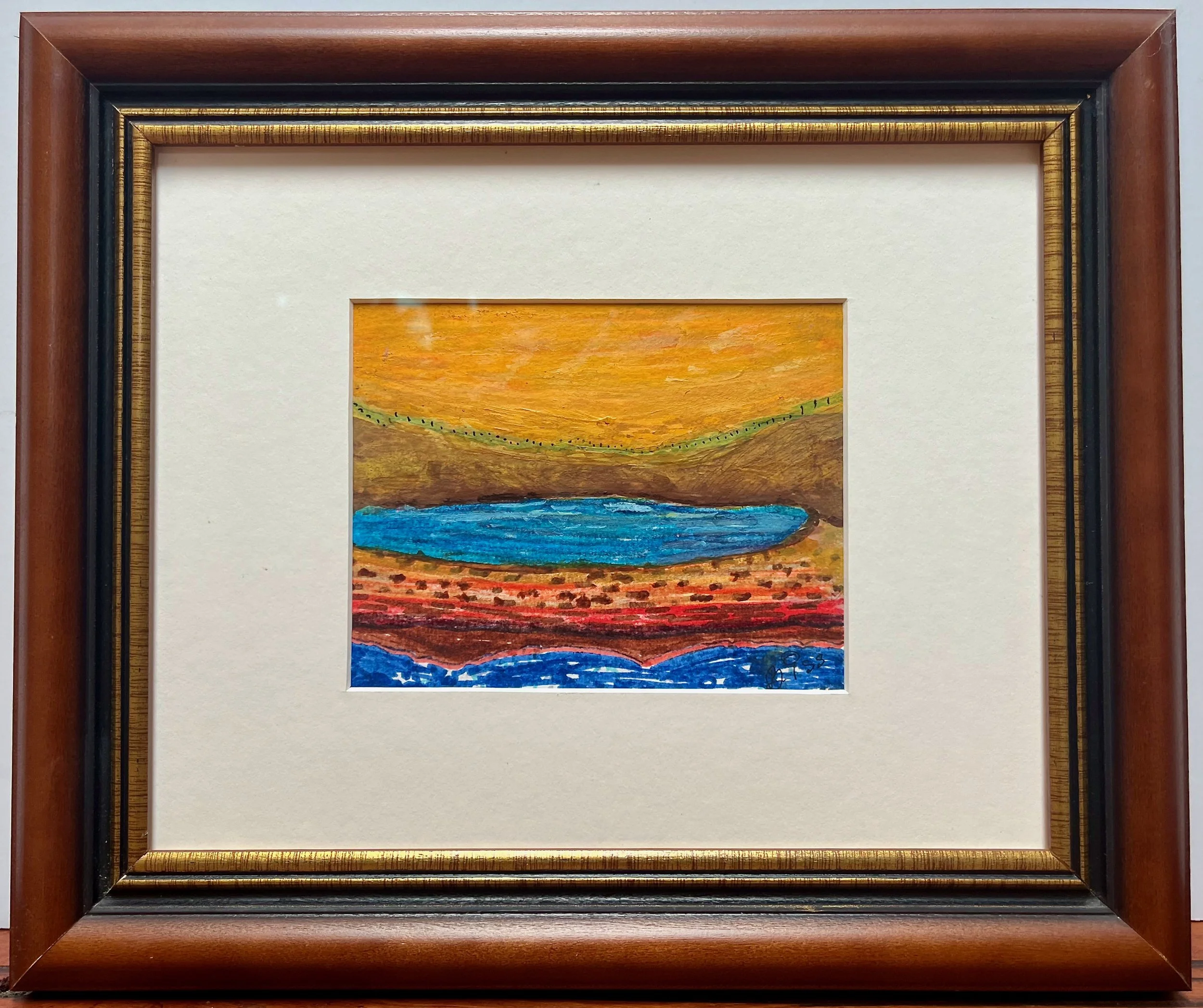 "Blue Pond, Yellow Sky" 2022, acrylic on paper, 10.5" x 12.5" with frame