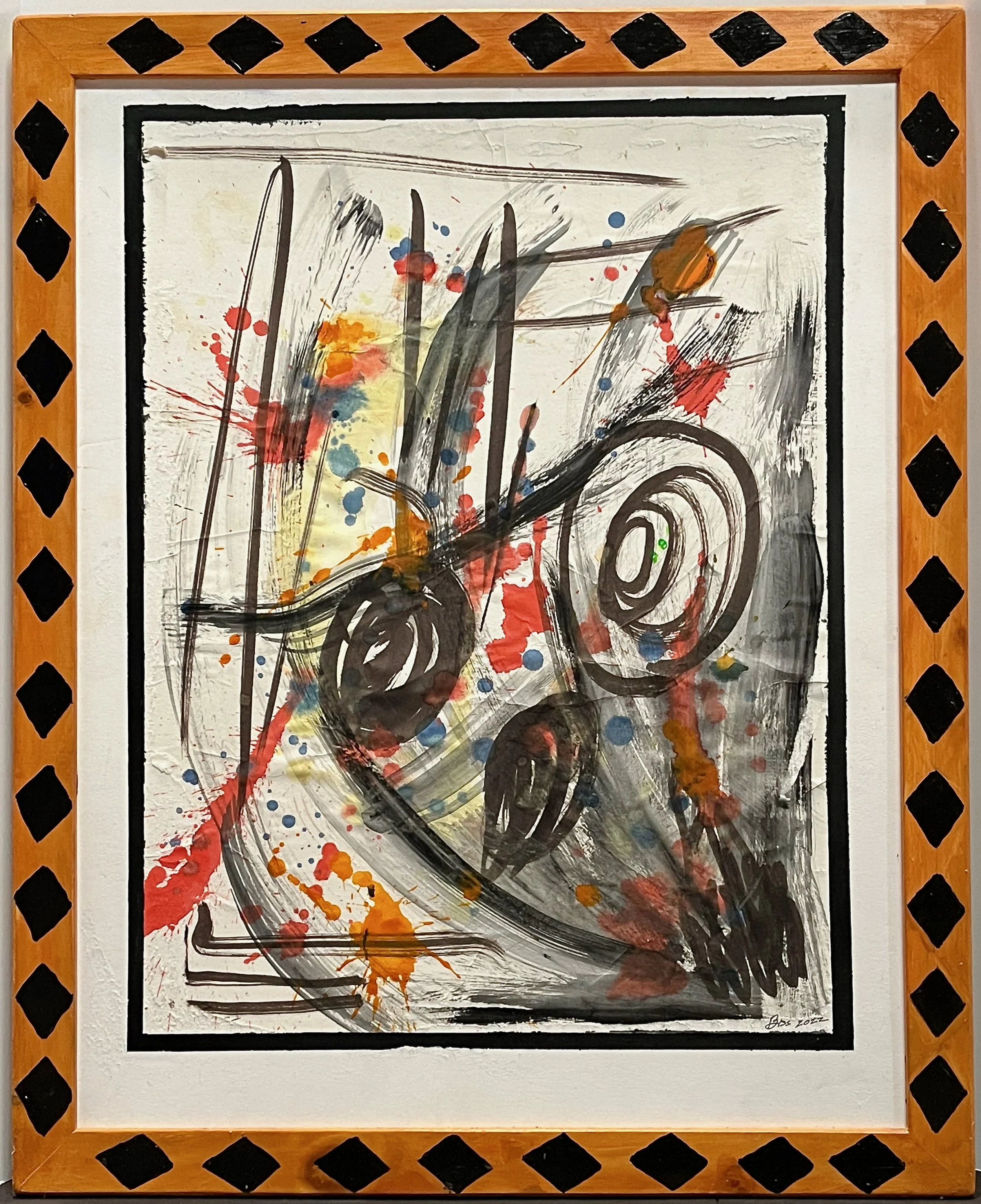 "Diamonds" 2022, burned frame and acrylic on paper,	30.5" x 24.5" with frame