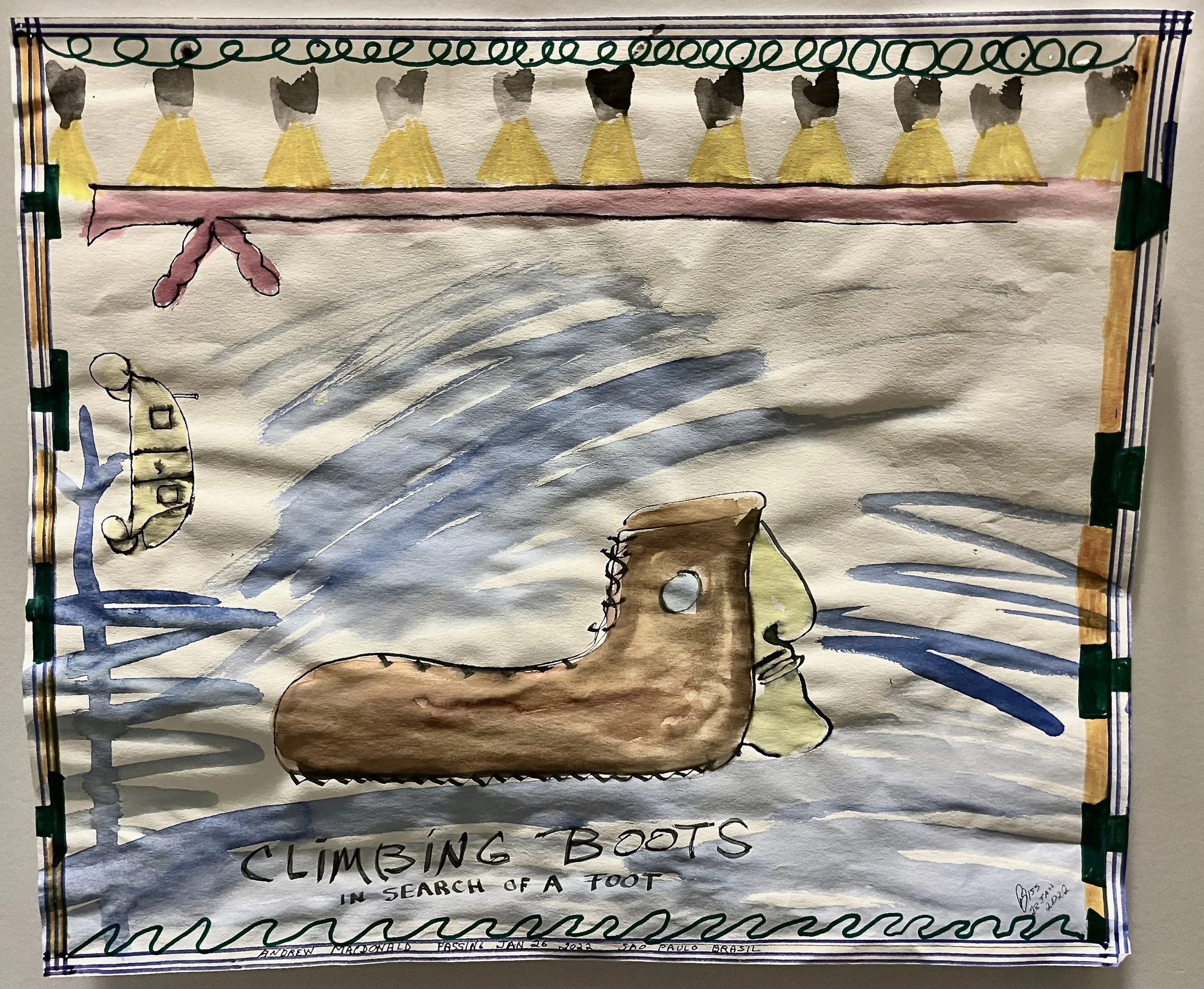 "Climbing Boot in Search of a Foot" 2022, watercolor on paper, 14" x 16.5"