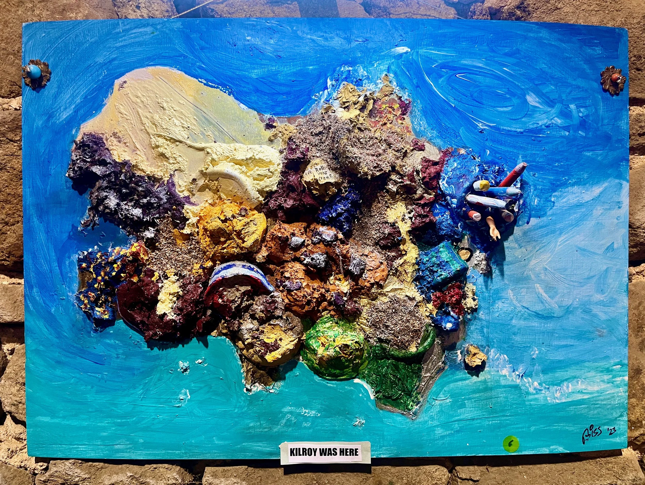 "Kilroy Was Here" 2023, acrylic, pencil shavings, mixed media and Lowe's paint on paper, 19.5" x 27.75"