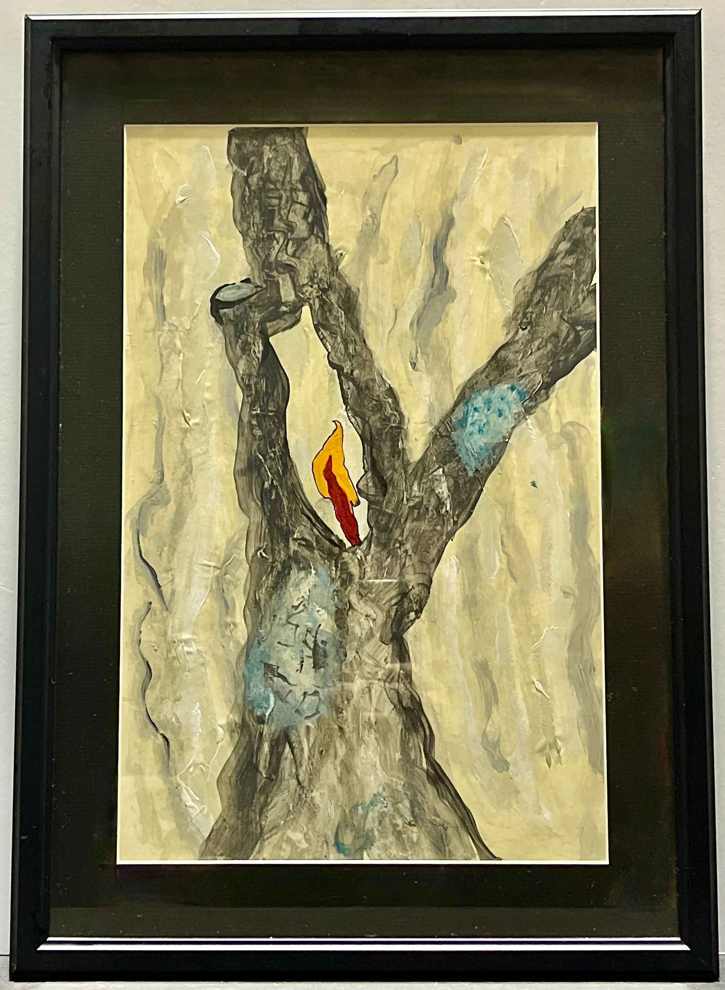 "Flaming Bird" 2018, acrylic on paper, 21.25" x 15.25" with frame (Private collection)