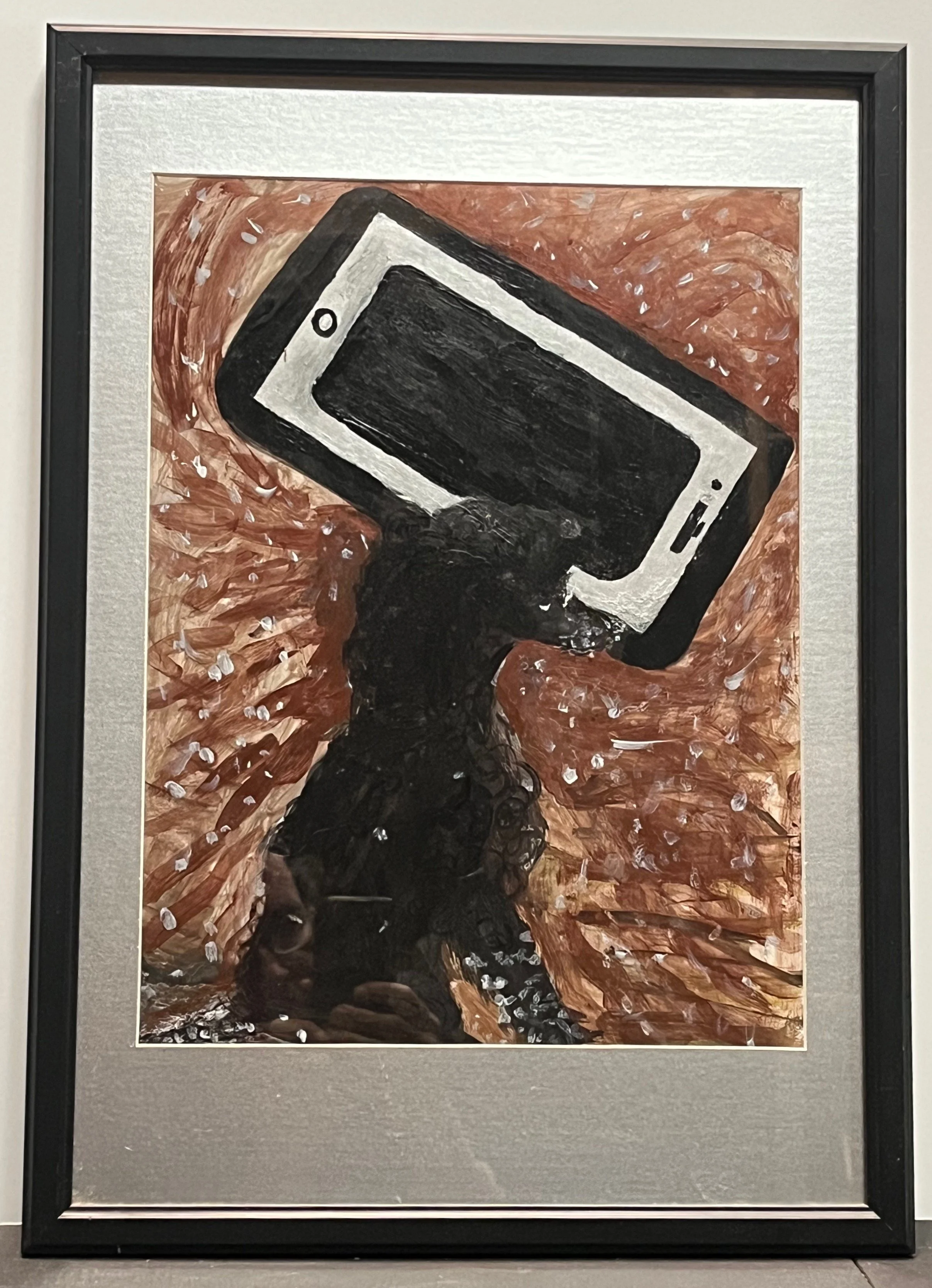 "Django in Snow with iPhone" 2018, acrylic on paper, 21" x 15" with frame