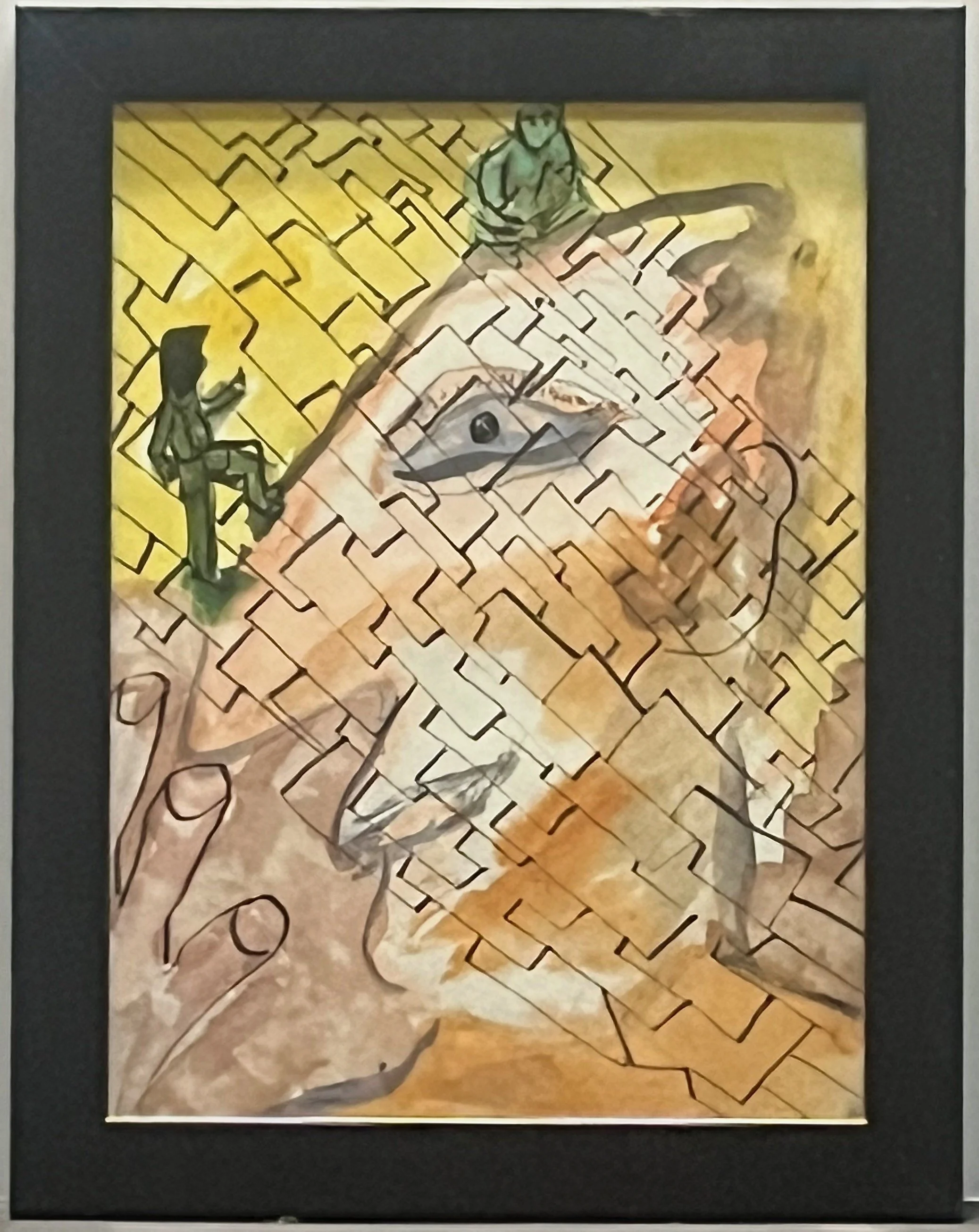 "Jig Saw Face" 2021, watercolor and ink on paper, 14" x 11" with frame