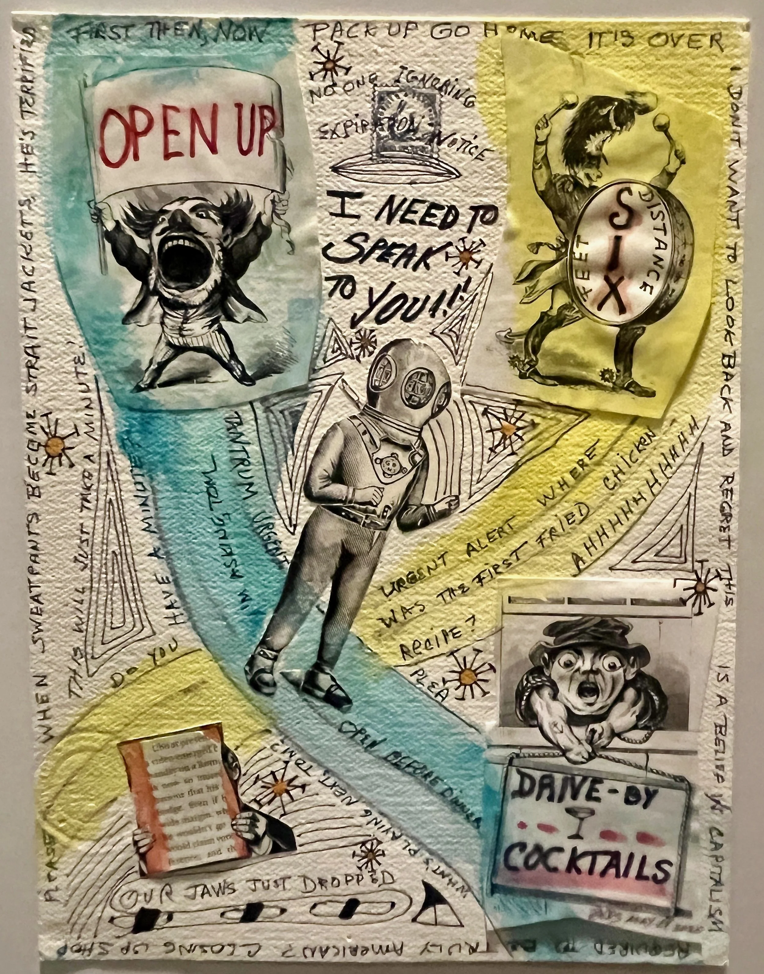 "Drive-By Cocktails" 2020, acrylic, print cutouts and pen on paper, 12" x 9"