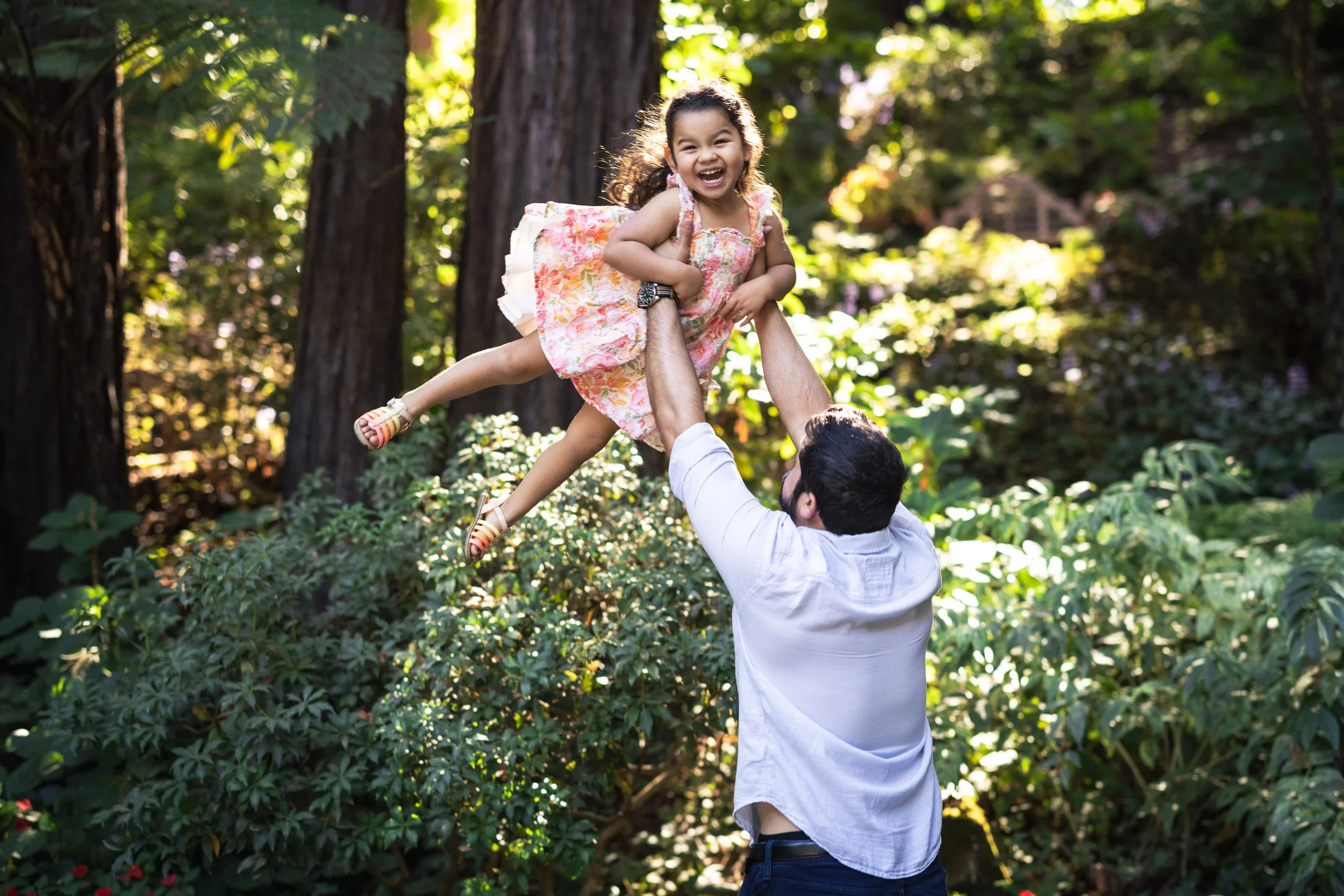 Father tosses young daughter into the air as sunlight filters in behind them in Nestldown, located in California.