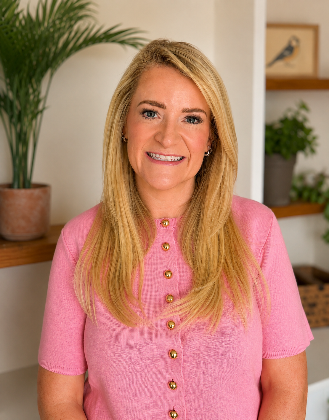 A smiling woman with long blonde hair wearing a pink top with gold buttons in a room with potted plants and artwork on the wall.