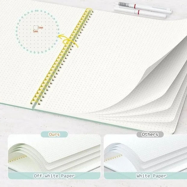 Umriox four‑pack 8.5 × 11‑inch dot‑grid spiral notebooks, 160 pages each, with sticky‑note pad and rounded corners.