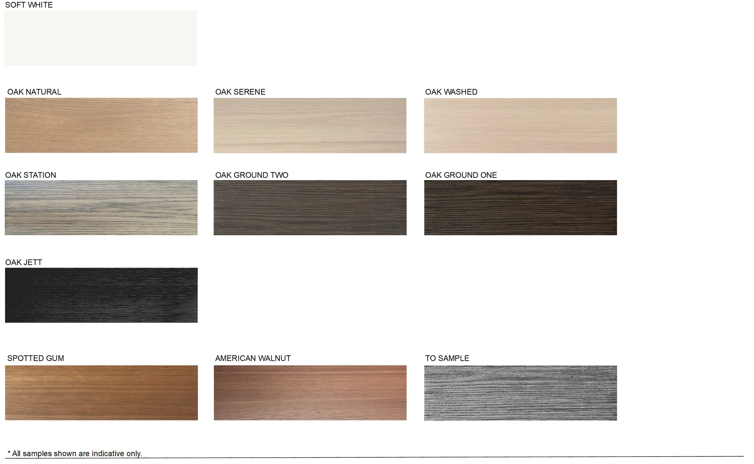 A selection of wood finish samples for furniture or cabinetry, including options like soft white, natural oak, serene oak, washed oak, station oak, ground oak, jet oak, spotted gum, American walnut, and a sample labeled "to sample".