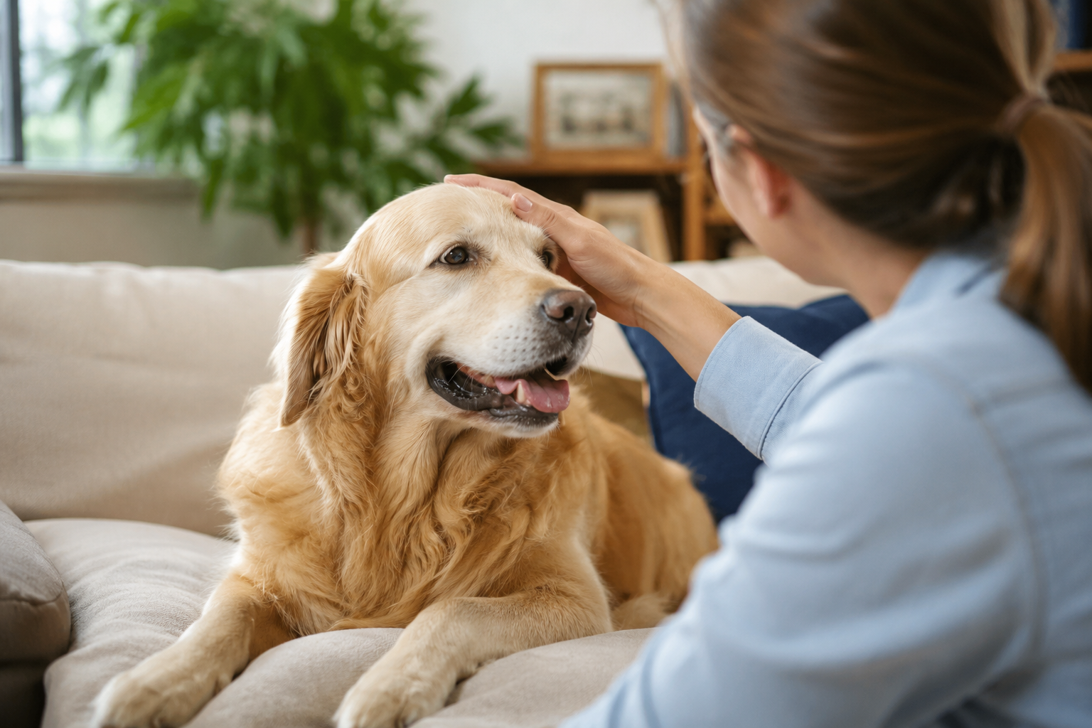 Teen sitting on a couch with a calm, supportive expression while spending time with a golden retriever in a bright living room, representing emotional comfort and stress relief for teens experiencing anxiety.