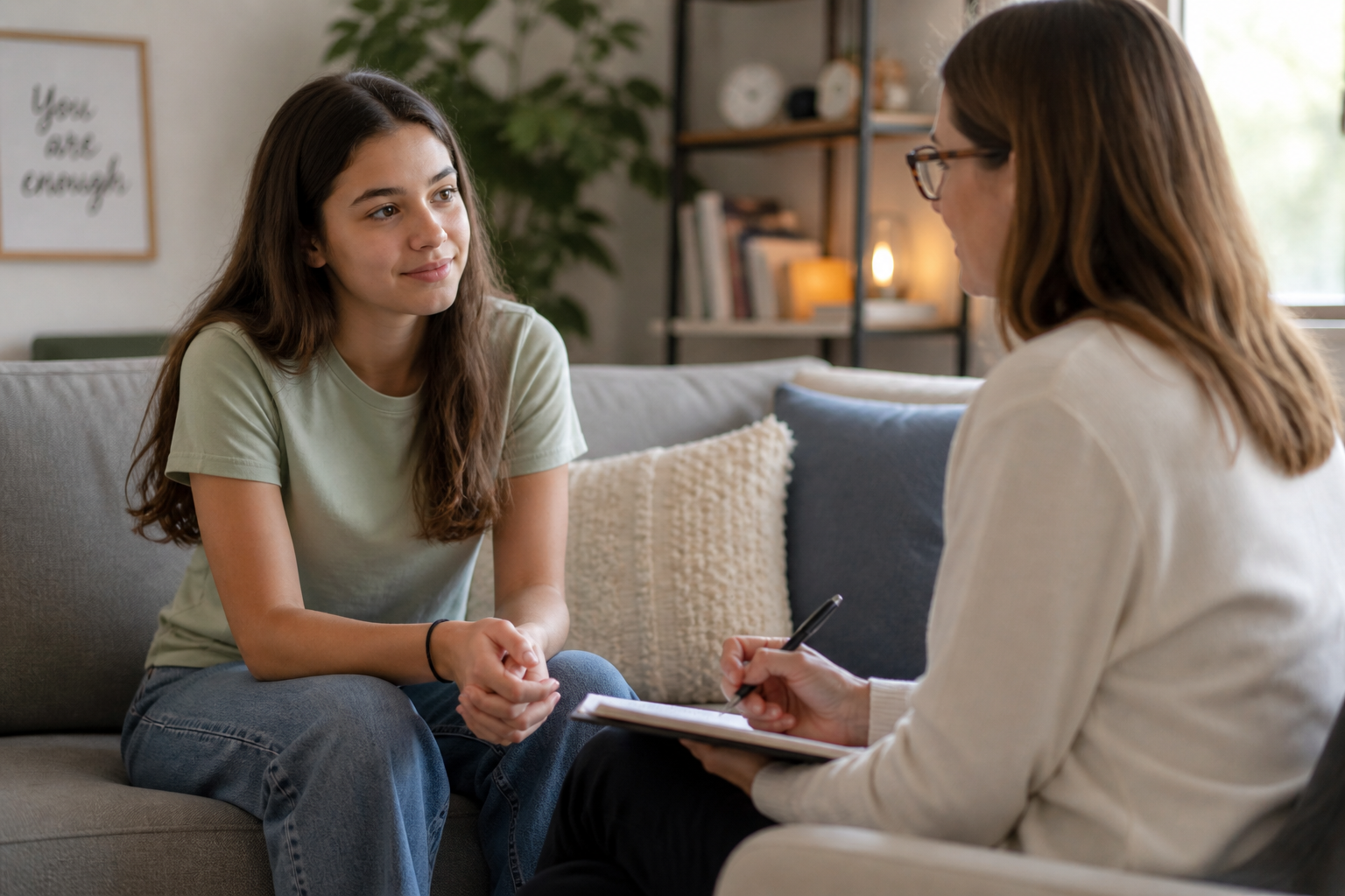 Young woman speaking with a therapist in a calm, welcoming office setting, representing grief counseling and anxiety support after loss.