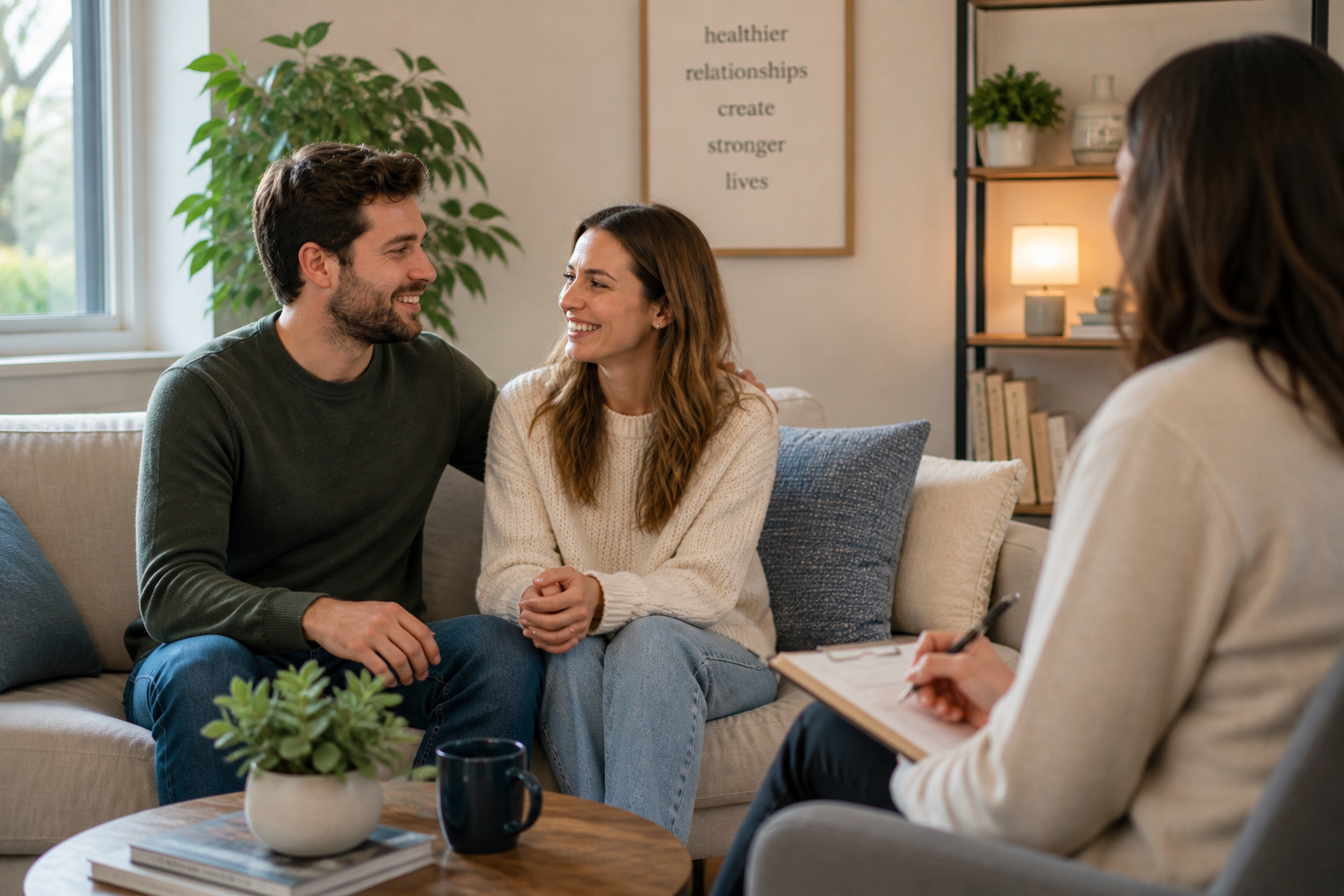 Couple smiling and sitting closely together during a therapy session in a warm counseling office, representing emotional relief, improved communication, and relationship healing.