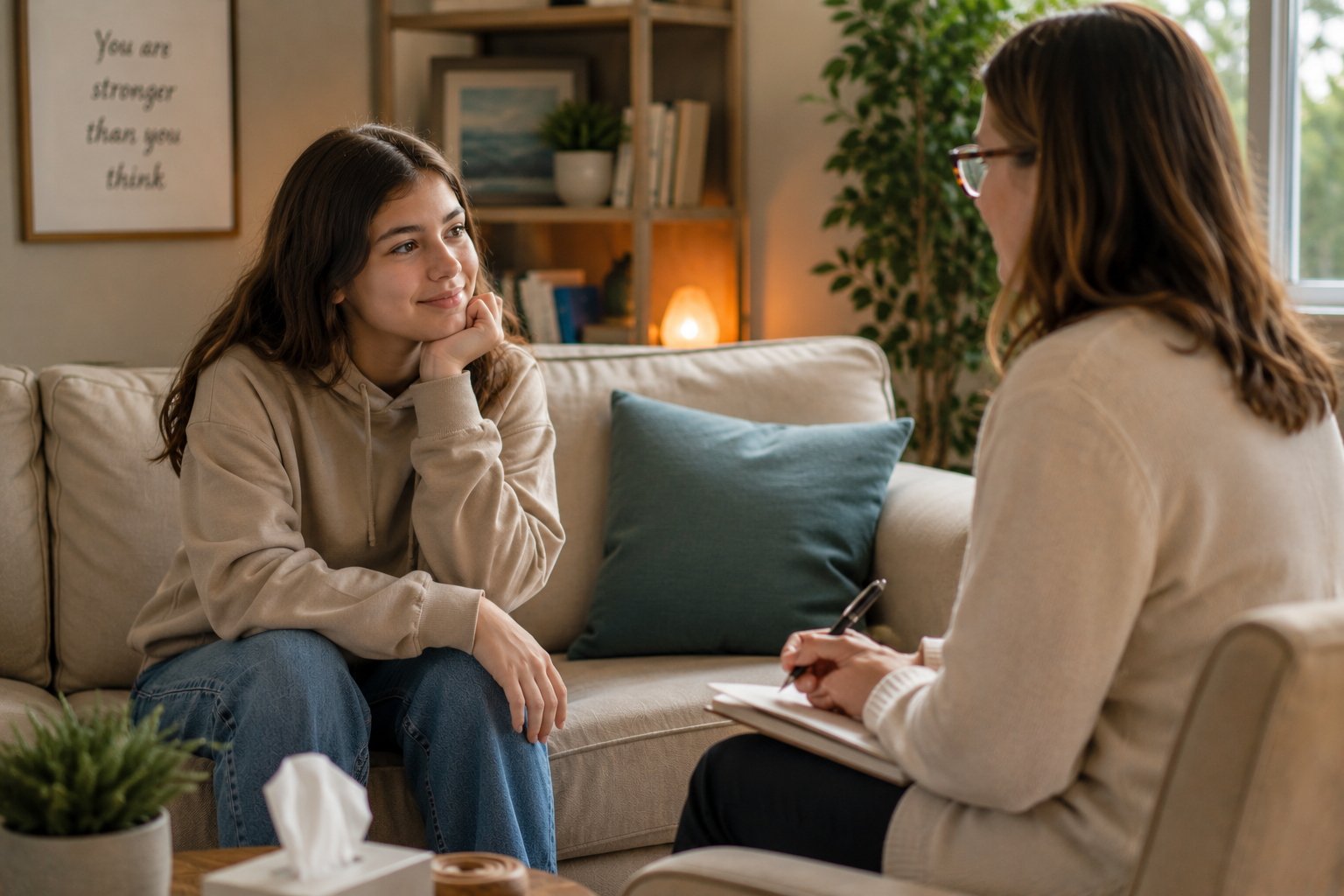 Young woman speaking with a therapist in a calm, supportive counseling office, representing healing from emotionally difficult family dynamics and building healthier boundaries.