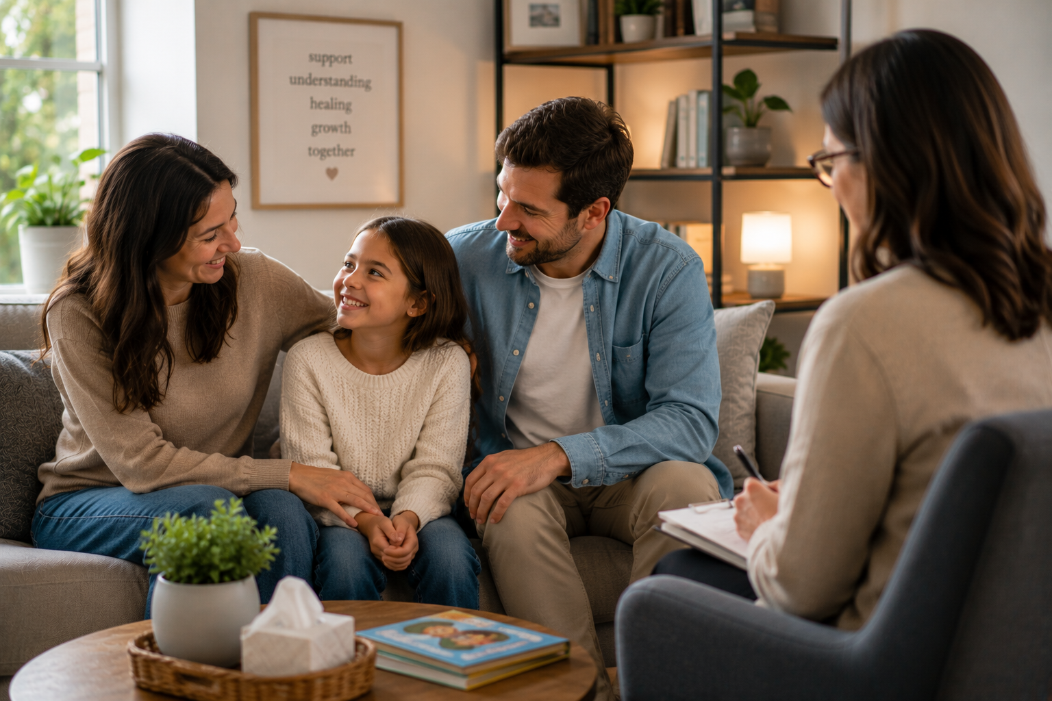 Child smiling with parents during a warm family therapy session in a welcoming counseling office, representing emotional support, healing, and child therapy for stress and behavioral challenges.