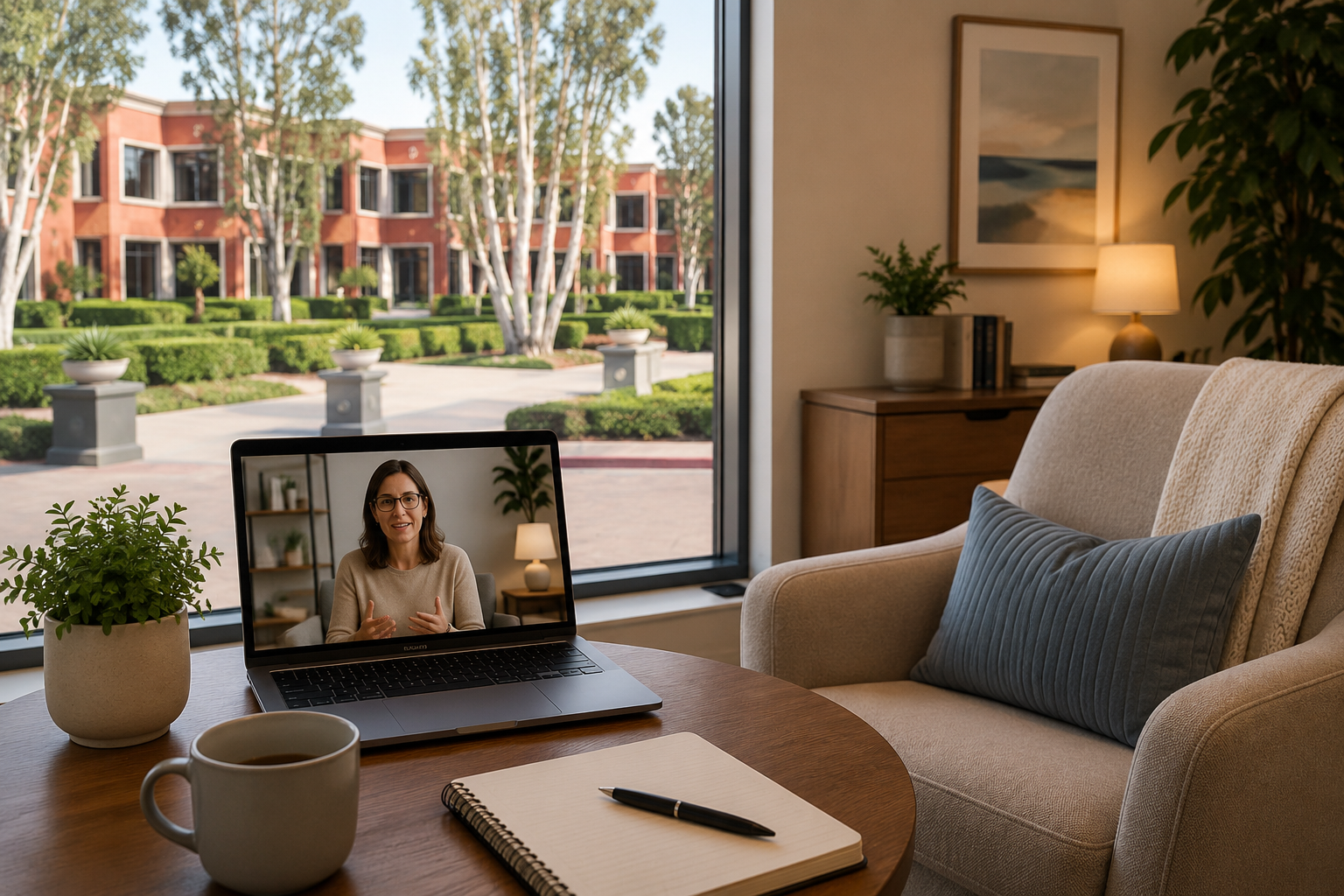 Laptop displaying an online therapy session inside a calm Orange County office lounge with large windows overlooking a landscaped courtyard, representing virtual therapy and flexible mental health support.
