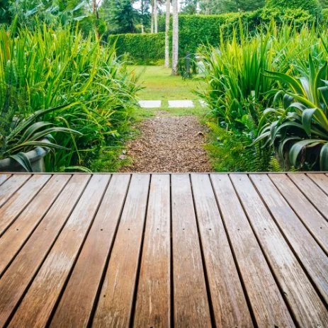 Wooden deck overlooking a garden path lined with tall green plants and hedges.