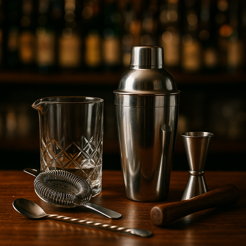 A bar set including a cocktail shaker, a jigger, a strainer, a muddler, a glass, and a spoon on a wooden surface.