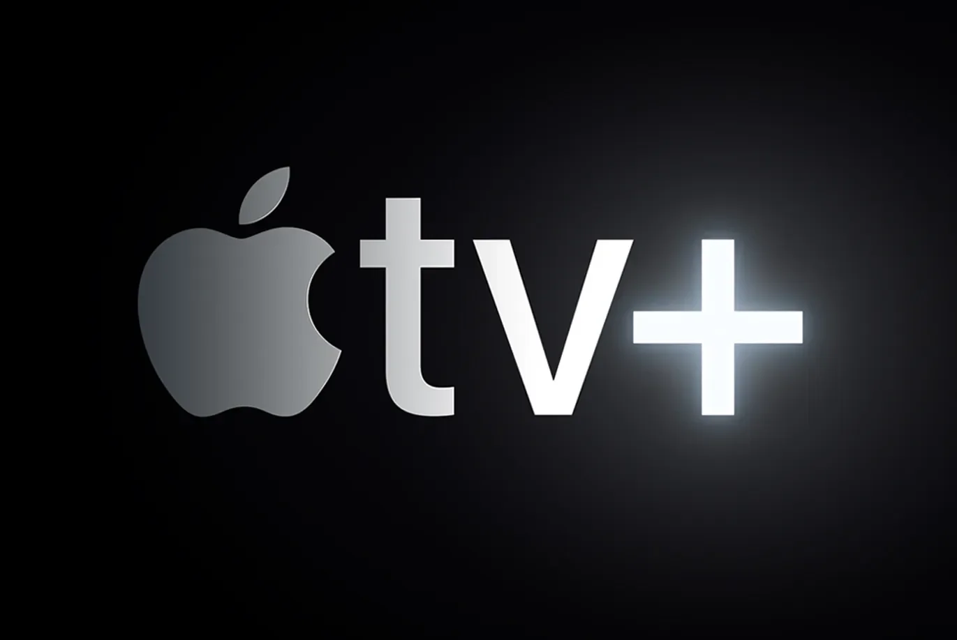 Apple logo next to the text 'tv+' on a black background with white glowing light.