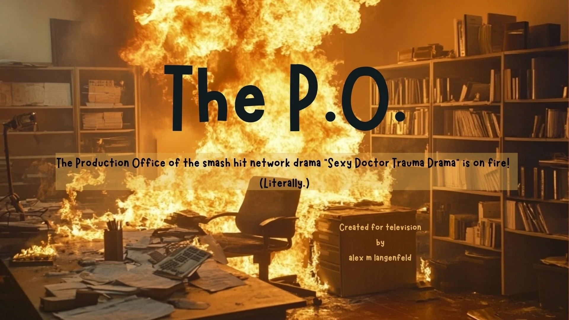 An office on fire with flames consuming the room, burning books, papers, and furniture, including a chair and a desk, with shelves filled with books and files in the background. Overlaid text reads, 'The P.O. The Production Office of the smash hit network drama "Sexy Doctor Trauma Drama" is on fire! (Literally.) Created for television by alex m langenfeld.'