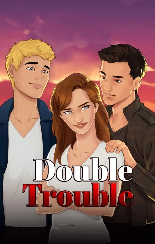 Illustration of three teens, two boys and one girl, standing close together at sunset, with the title "Double Trouble" in bold letters.