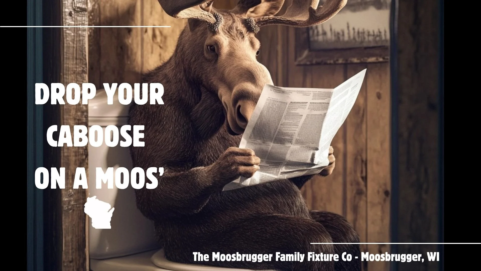 A moose sitting on a toilet, reading a newspaper inside a wooden bathroom, with text that says 'Drop your caboose on a moos' and a small outline map of Wisconsin indicating location.