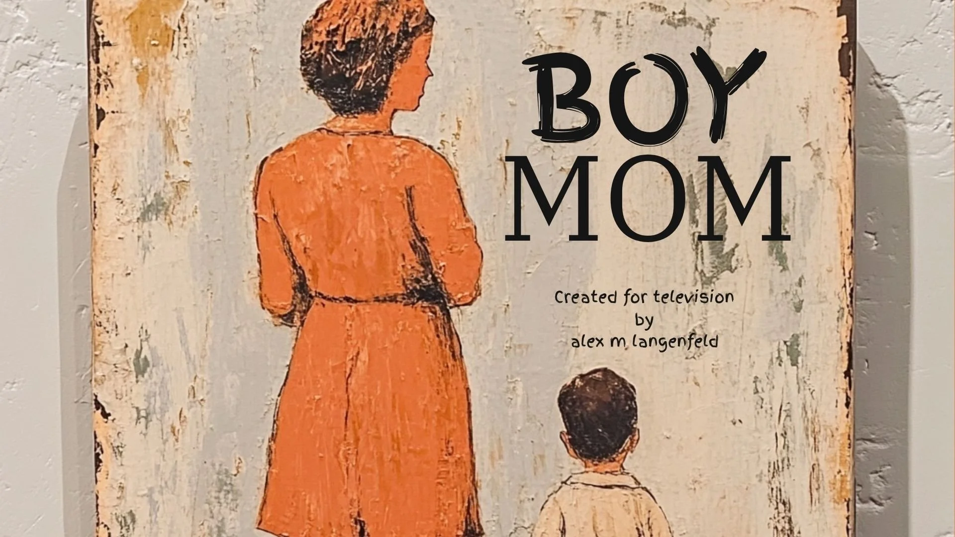 A painting of a woman in an orange dress and a boy, with the title or text "Boy Mom" on the right side.