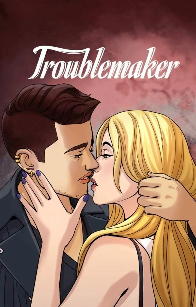 Digital illustration of a man and woman about to kiss, with titles 'Troublemaker' at the top.