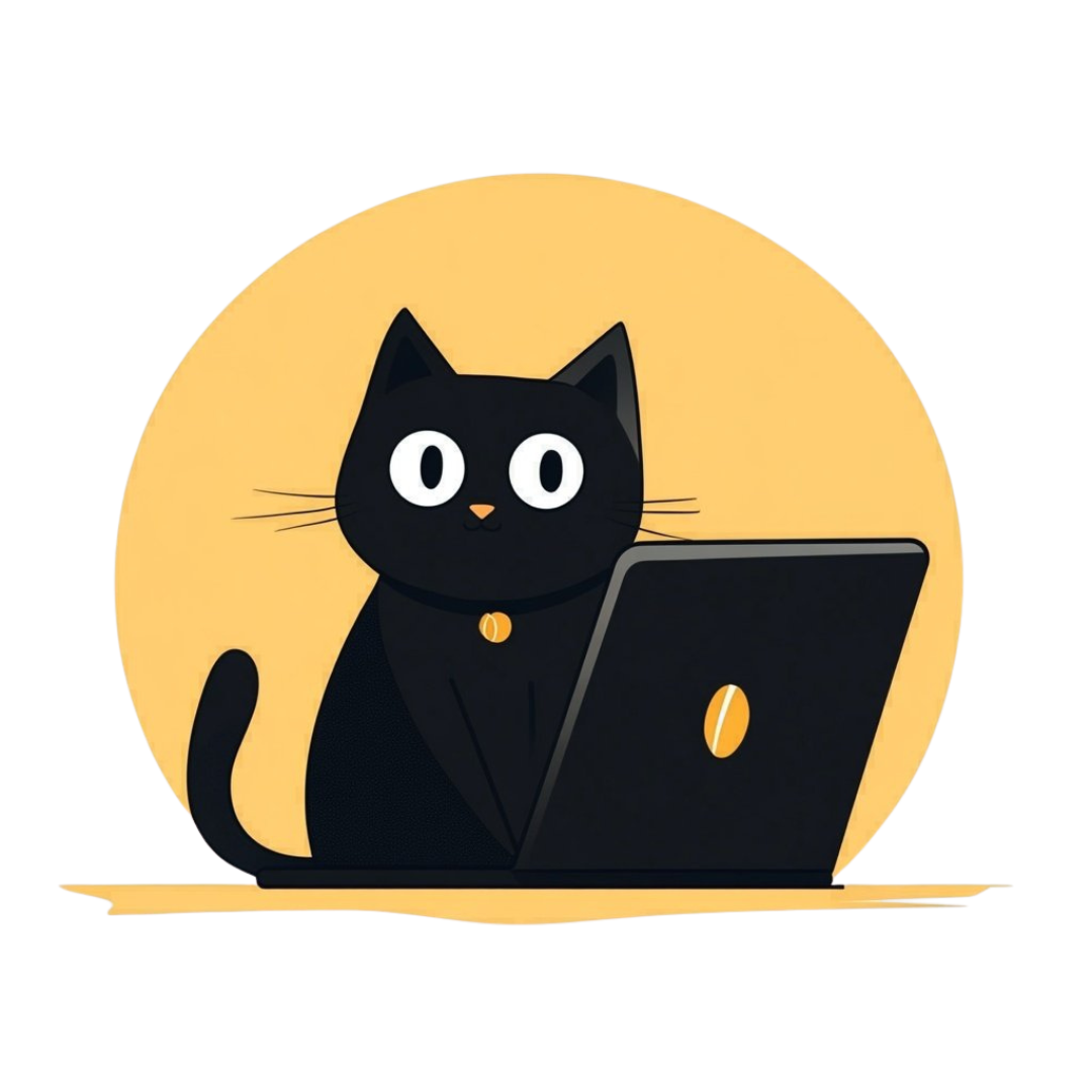 Cute cartoon black cat sitting in front of a laptop screen with a yellow background.