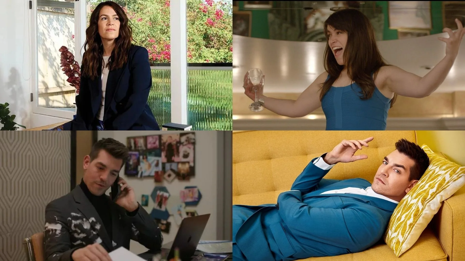 Collage of four people: a woman in a black blazer sitting indoors with a garden background, a woman in a blue dress laughing with a glass of wine, a man in a suit talking on a phone with a wall of photos behind him, and a man in a blue suit lying on a yellow couch with a yellow pillow.