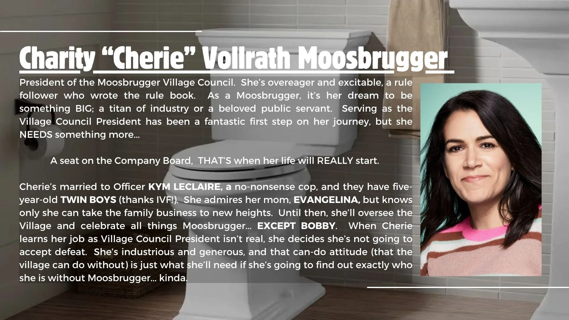 Profile picture of Cherie Vollrath Moosbrugger next to a toilet in a bathroom.