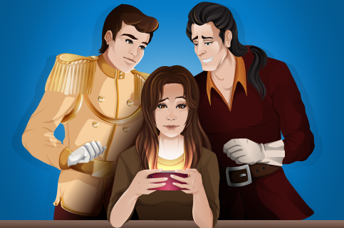 Three characters looking at a handheld device, two men and a woman, with a blue background.