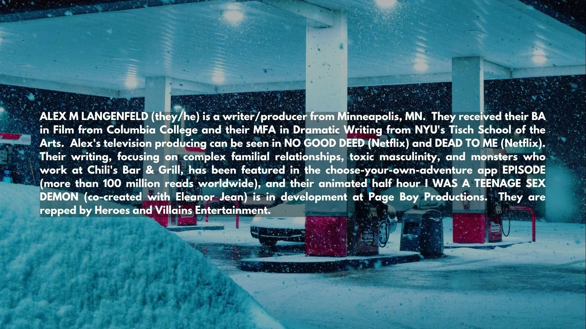 A snow-covered gas station with red fuel pumps and cars. Overlayed text provides a biography of Alex M Langenfeld, a writer/producer from Minneapolis, MN, describing their education, work, and projects.