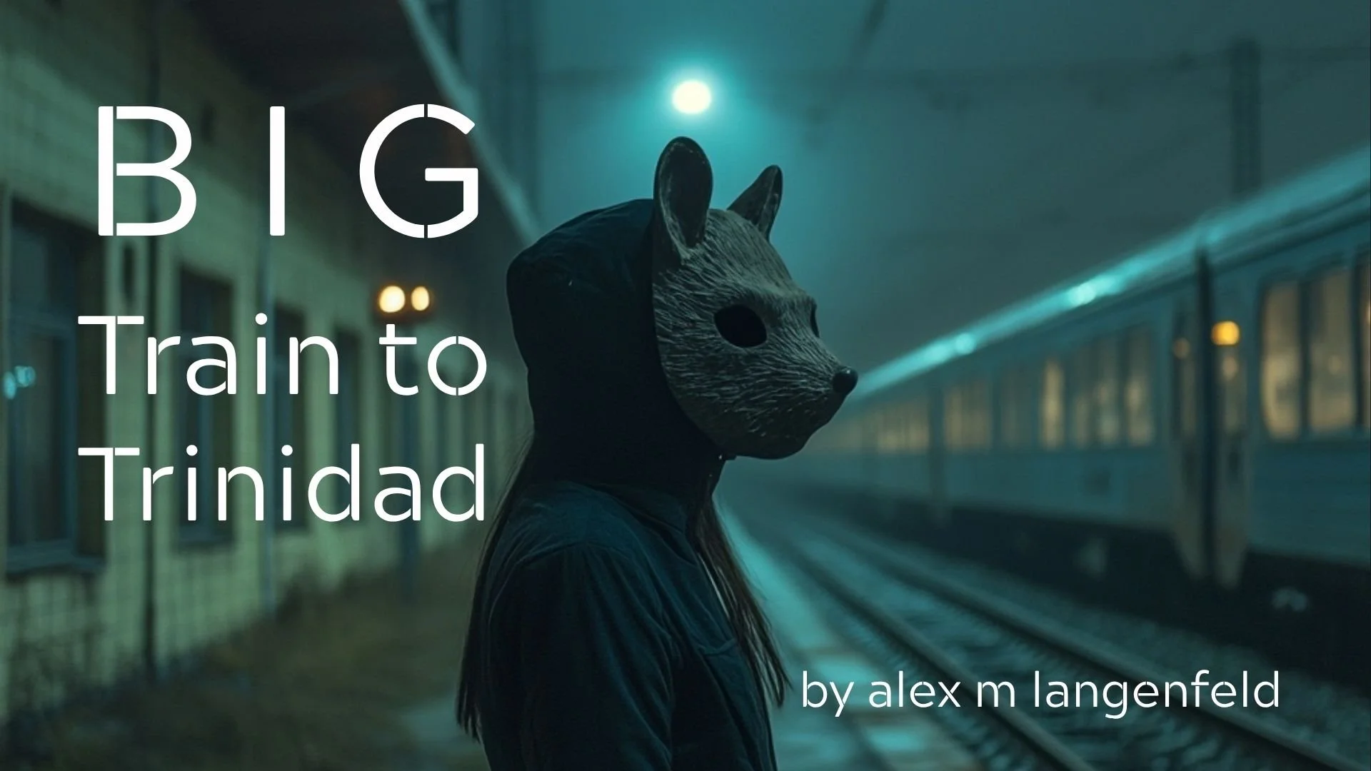 Person wearing a bear mask standing on a train station platform at night with a train in the background, promoting 'Big' train to Trinidad by Alex M Langenfeld.