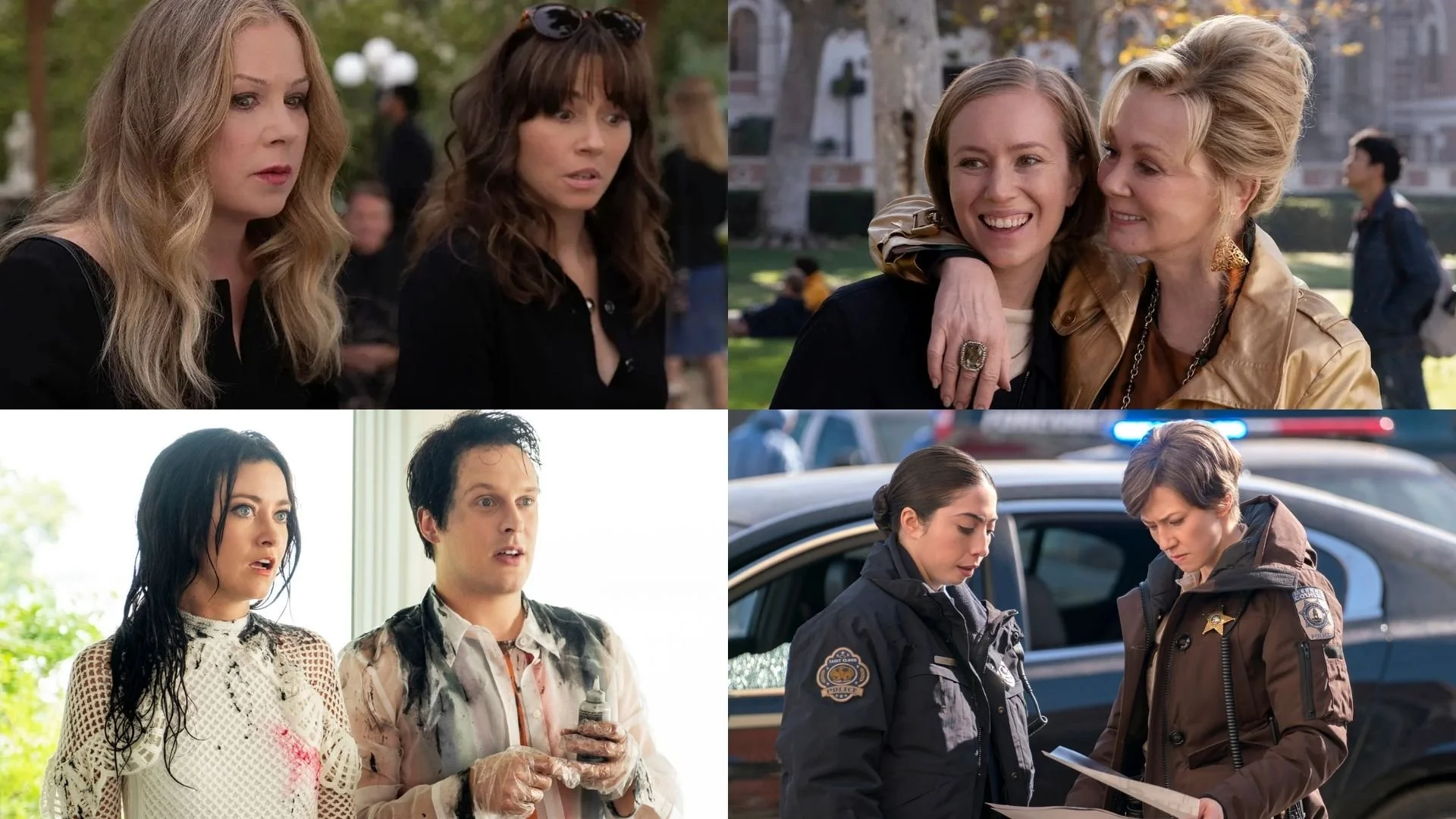 Collage of scenes from the TV show 'Orange Is the New Black,' featuring women in prison, police officers, and emotional interactions.
