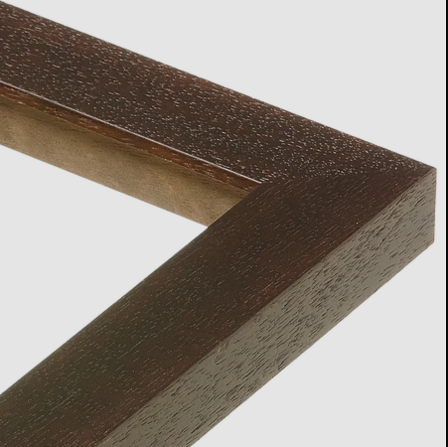 Close-up of a dark brown wooden picture frame corner with a smooth, polished surface.