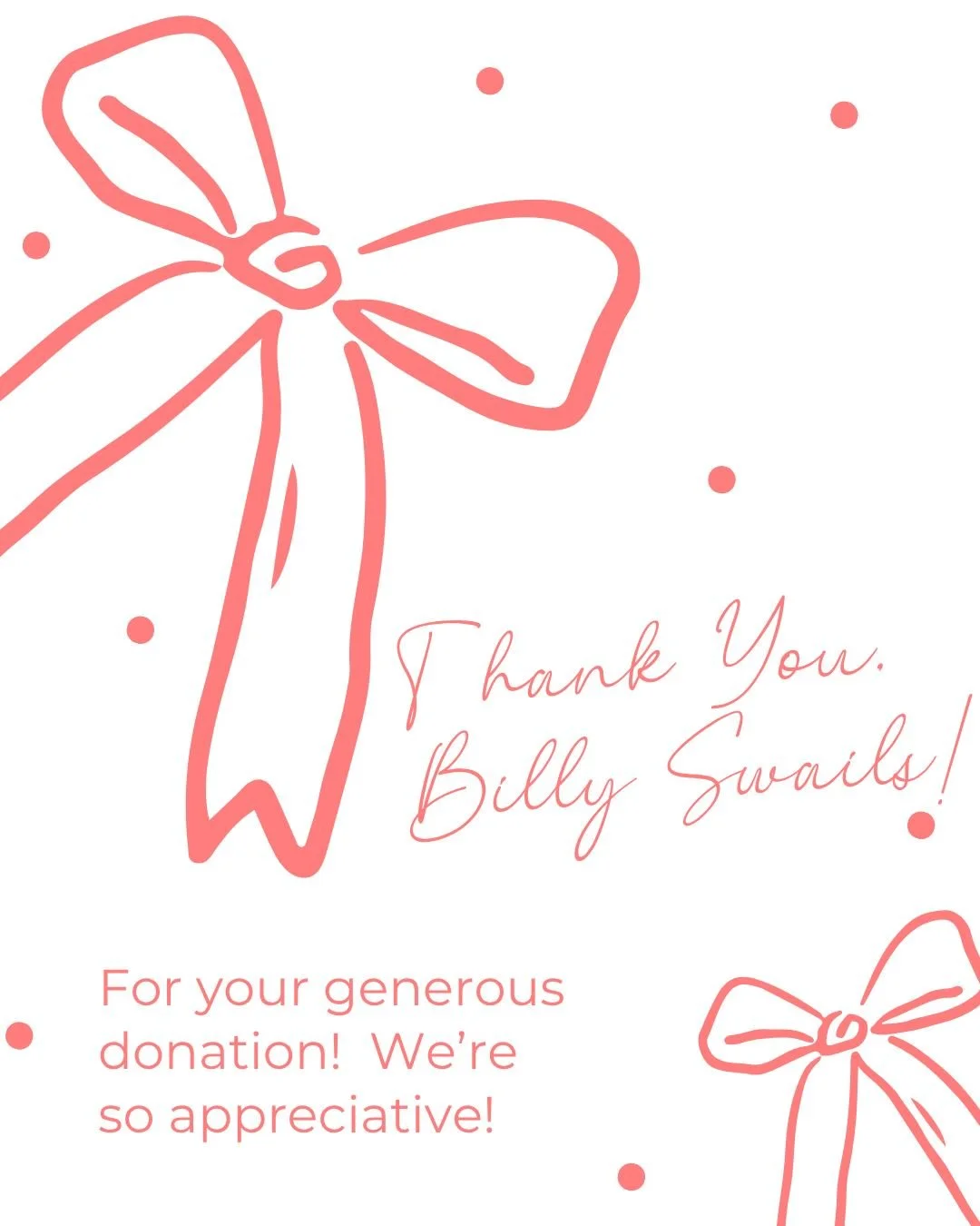 Thank you so much, Billy Swails, for your generous support and donation to Friends of Santa!

Your donation is helping bring holiday joy to families who need it most. From all of us at Friends of Santa, thank you for making the season brighter. 🎅🎁✨