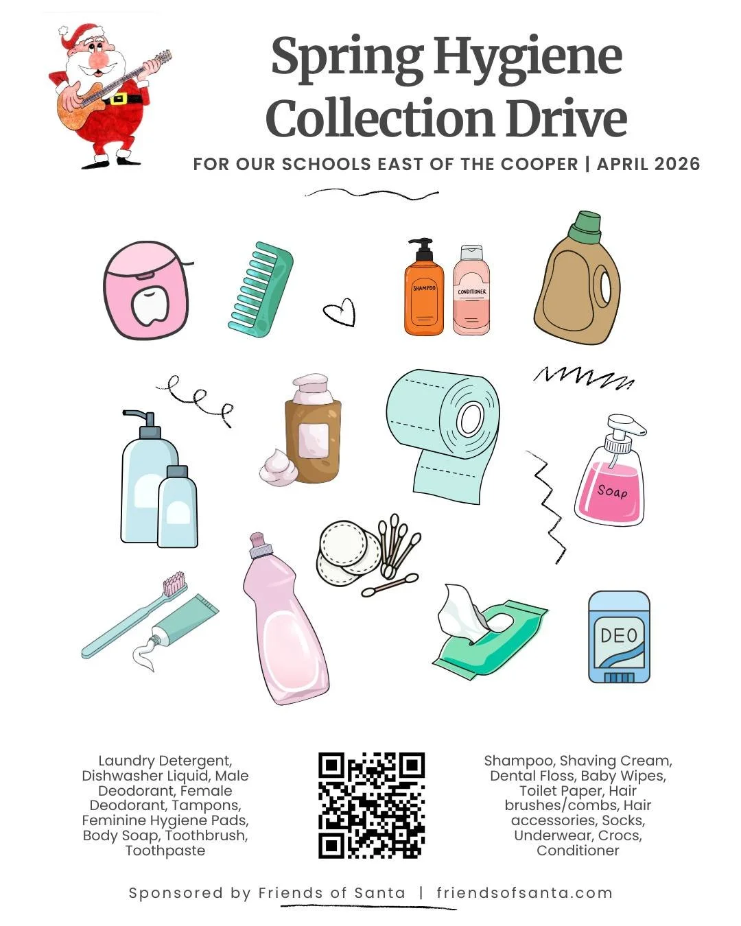 Our Spring Hygiene Collection Drive is officially happening 🌸

We're collecting everyday essentials like shampoo, toothpaste, deodorant, socks, laundry detergent, body soap, and more for kids and families at schools East of the Cooper.

Drop-off loc