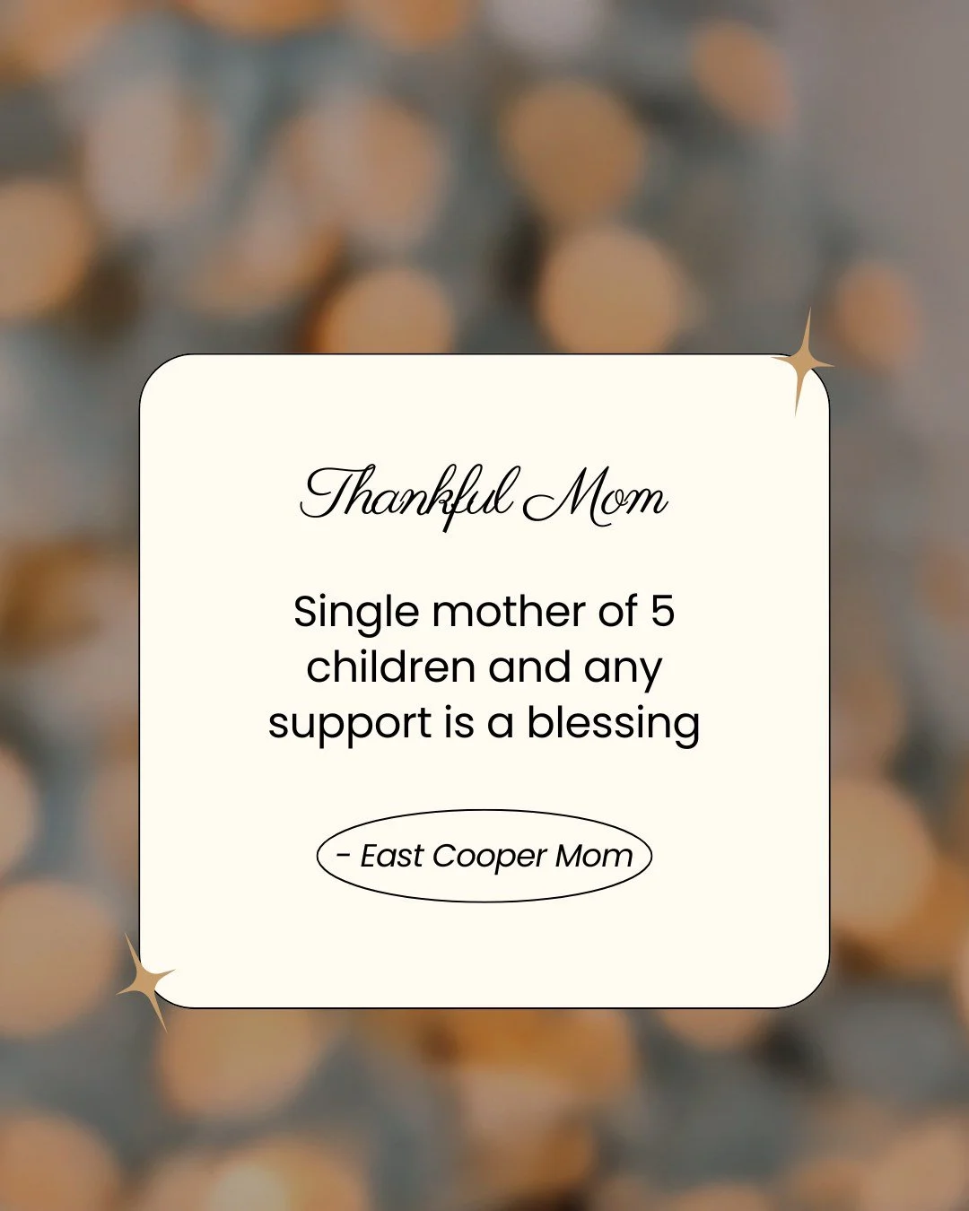 "Single mother of 5 children and any support is a blessing."

An East of the Cooper Mom ❤️

This is what it's all about. Real families. Real needs. Real gratitude. And a community that shows up when it matters most.

If you want to be part 