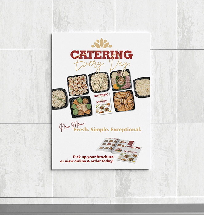 24 by 36 poster design on wall promoting new catering dishes with photos of dishes
