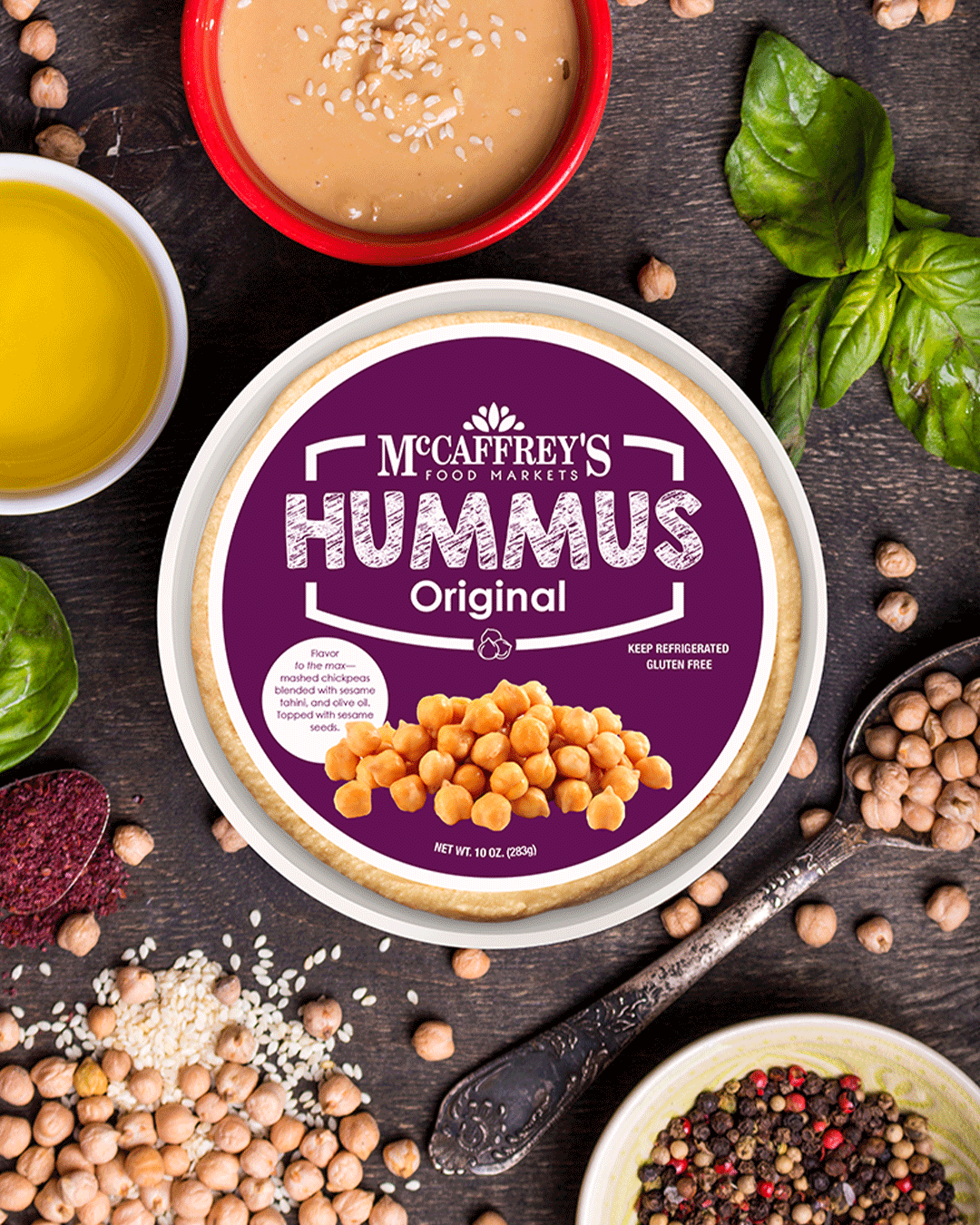 McCaffrey's original hummus on stylized ingredients background
