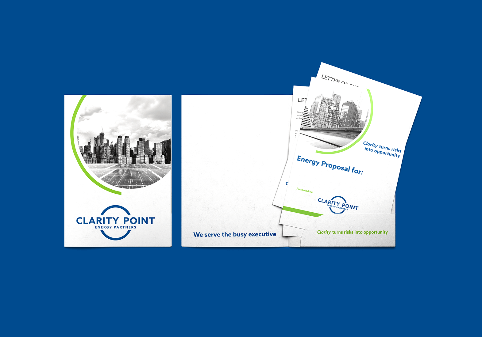 Clarity Point cover and open folder with proposal cover page