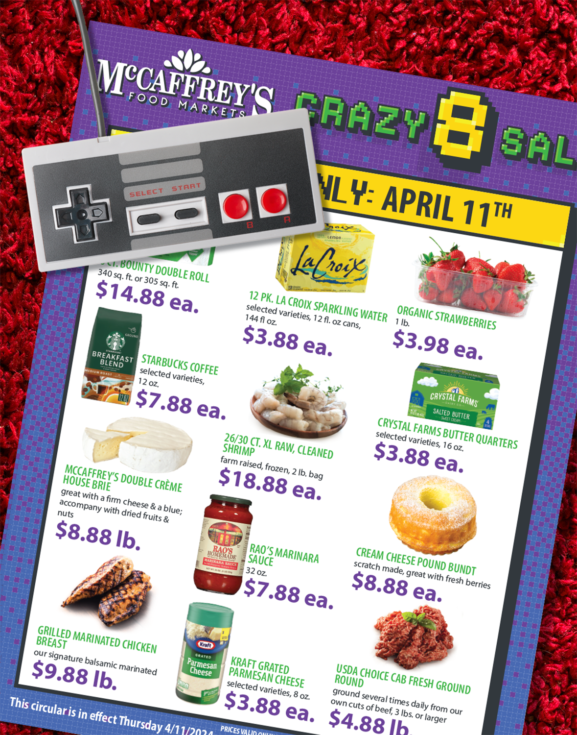 McCaffrey's Crazy 8 sale flyer on shag carpet with 1980's Nintendo controller
