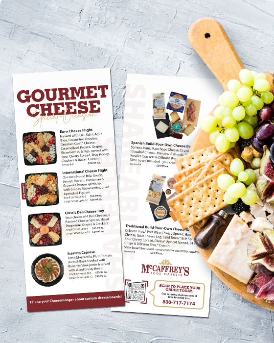 McCaffrey's Gourmet Cheese catering rack card with charcuterie board