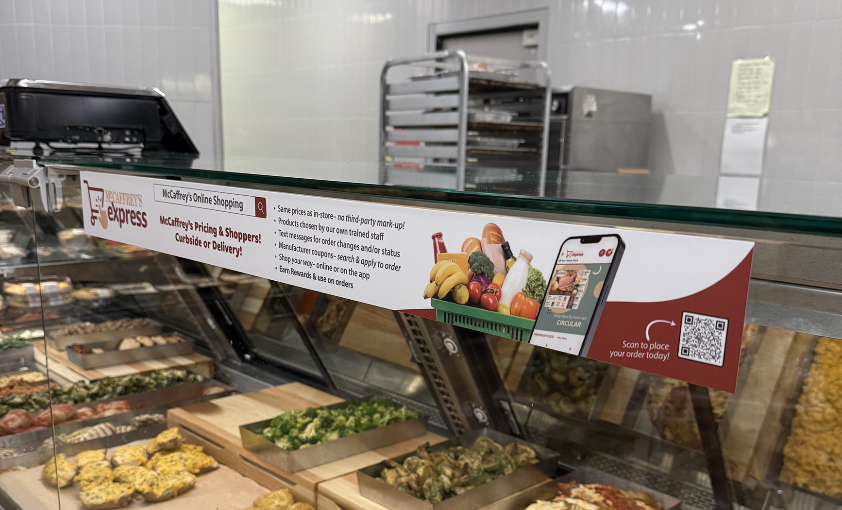 McCaffrey's Express vinyl on outside glass of prepared foods case