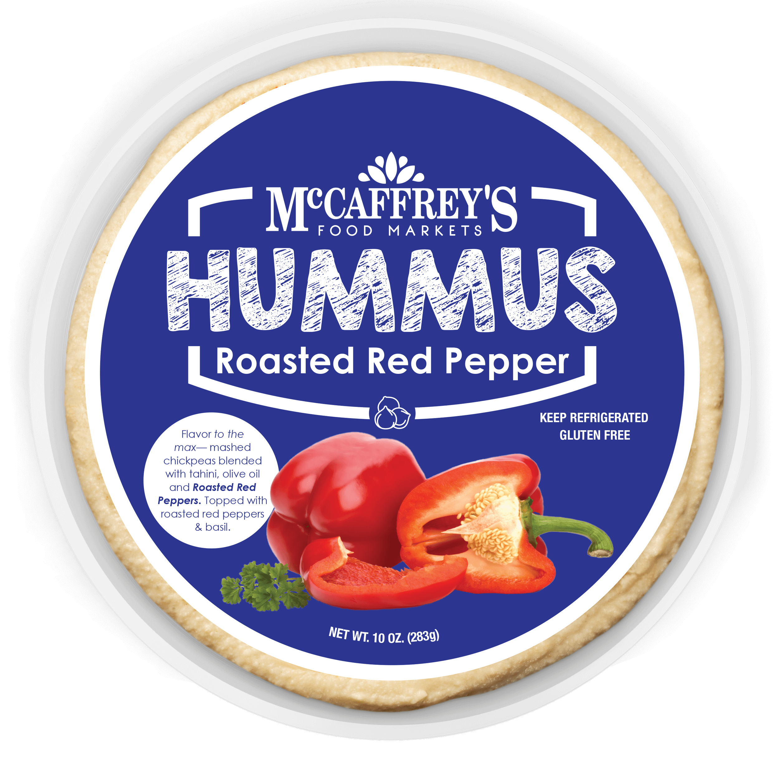 Overhead view of MccCaffrey's roasted red pepper hummus