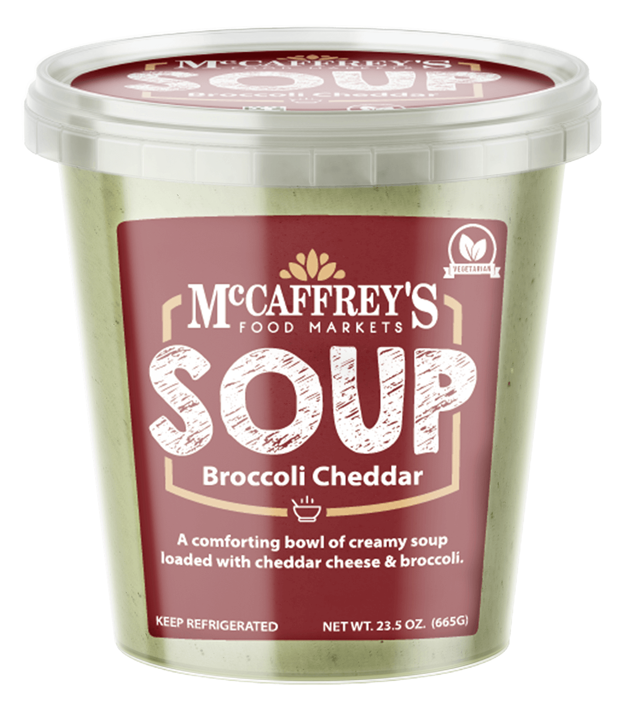 Front view of MccCaffrey's broccoli cheddar soup